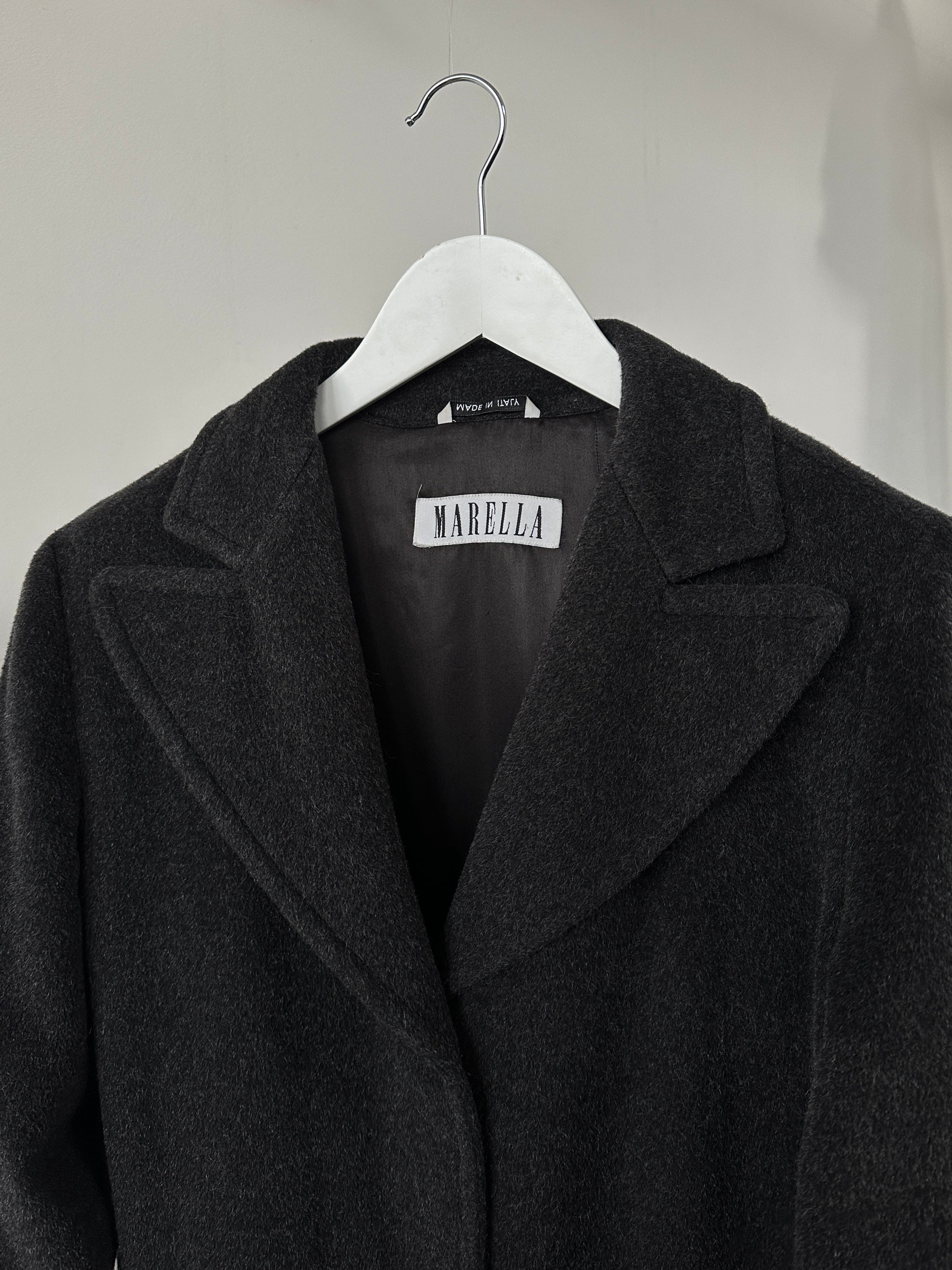 Marella Virgin Wool Mohair Single Breasted Coat in size S displayed on a hanger, showcasing its classic design and textured fabric.