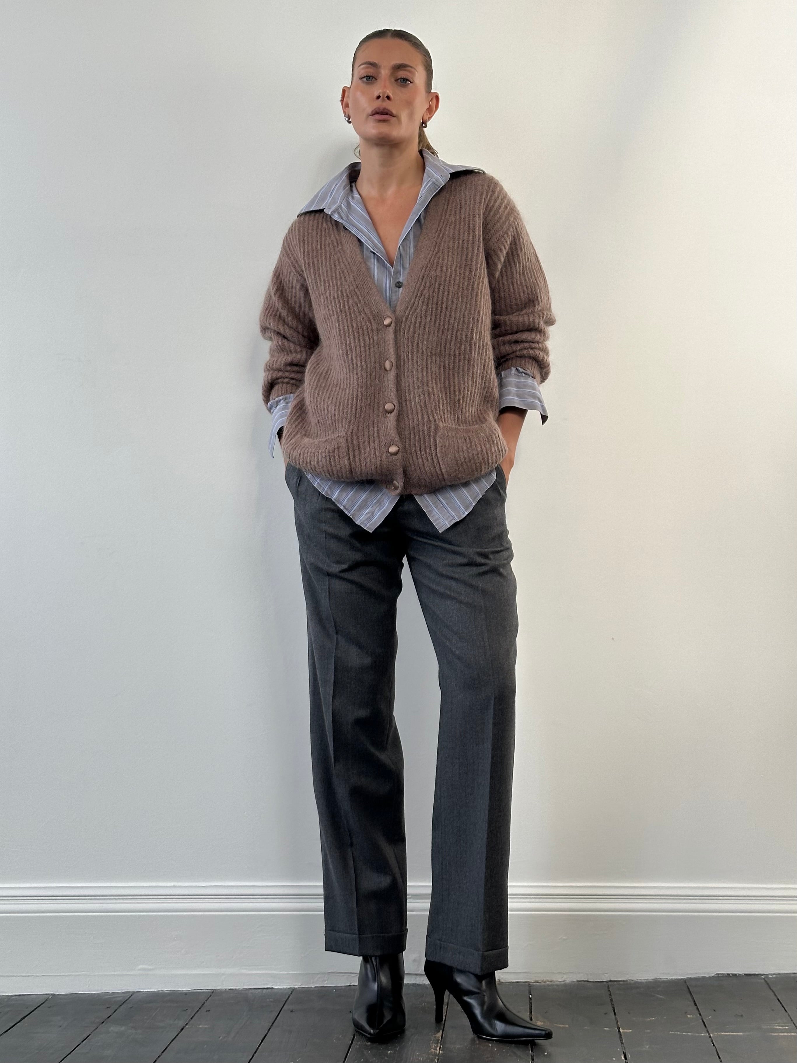 Conbipel pure brushed wool tailored trousers with straight legs in size W30, displayed on a neutral background.