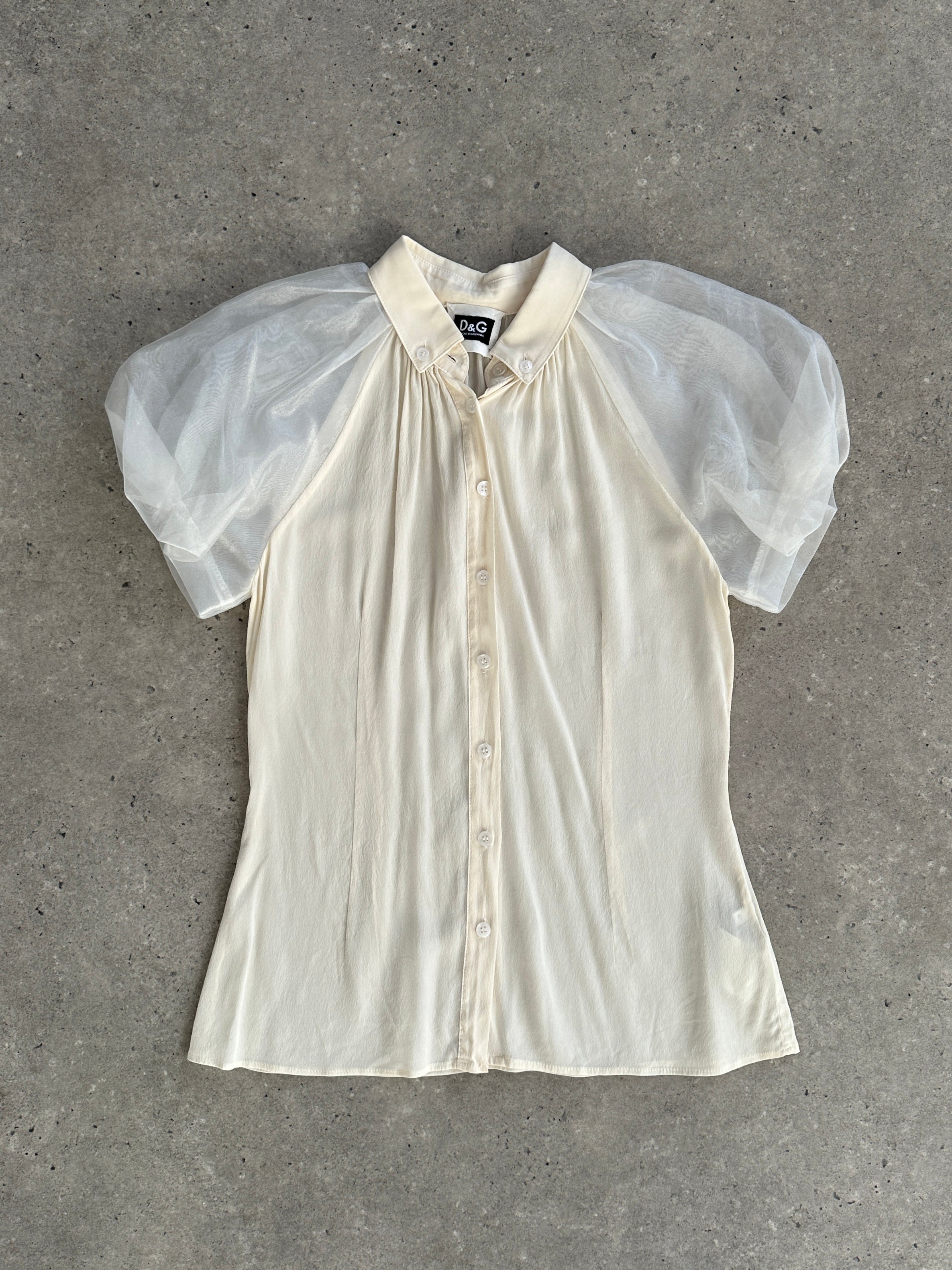Dolce & Gabbana D&G pure silk puff sleeve shirt in XS/S, featuring a stylish design with puffed sleeves and elegant fabric.