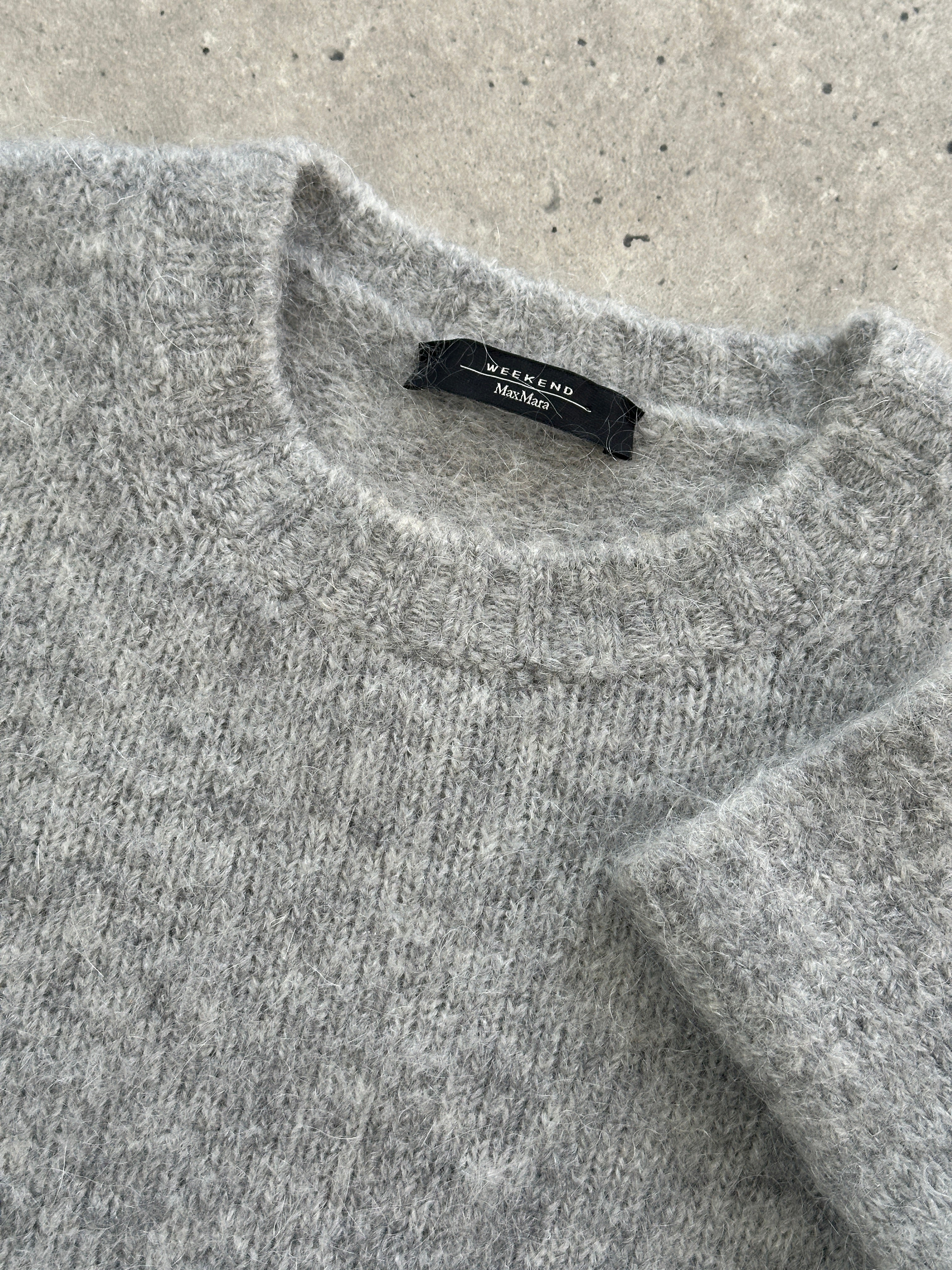Max Mara Weekend mohair wool knit jumper in soft beige, showcasing its cozy, textured fabric and relaxed fit in size S/M.