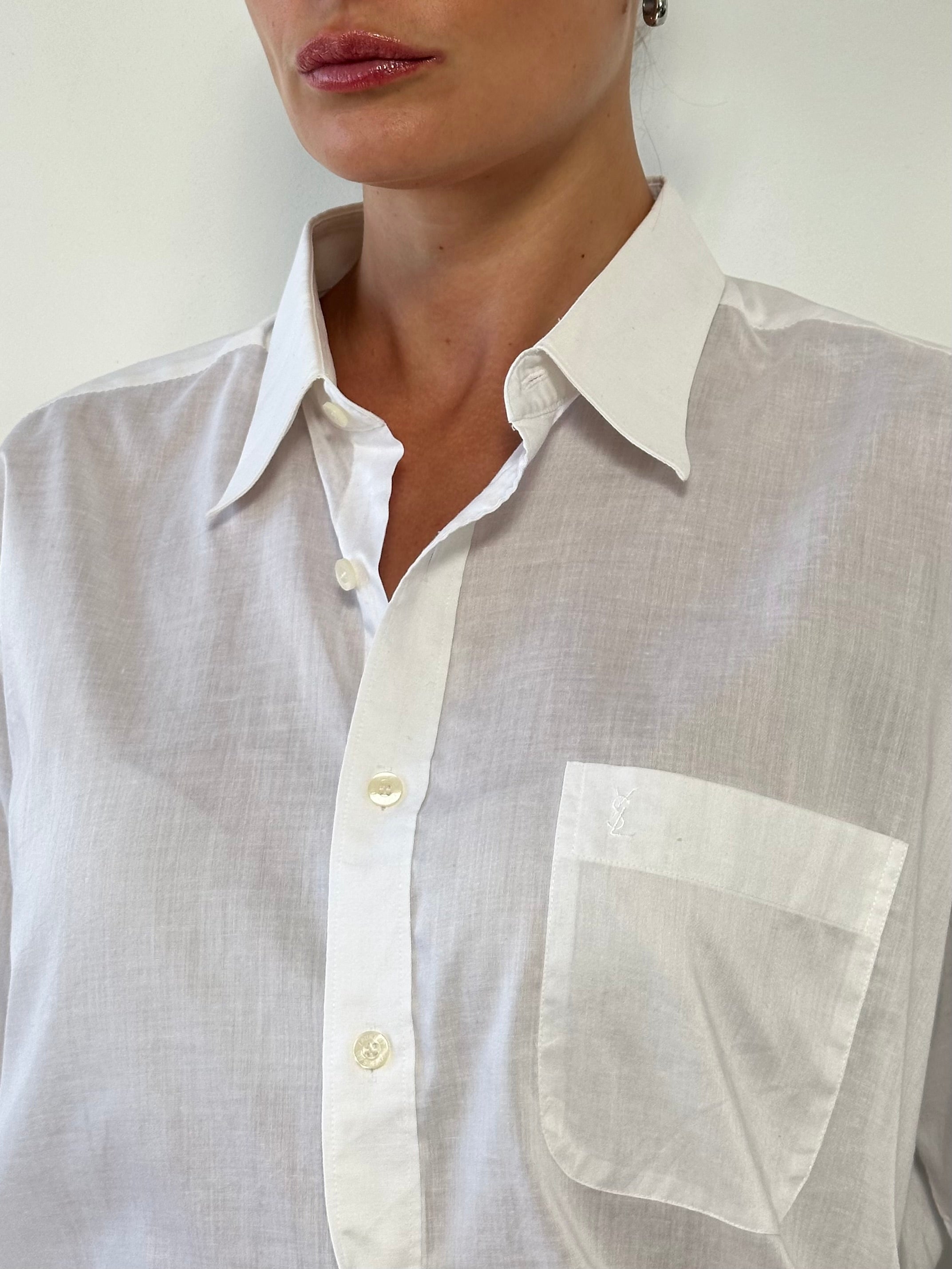 Yves Saint Laurent 90s cotton logo shirt in size L/XL, featuring classic YSL branding and a casual fit.