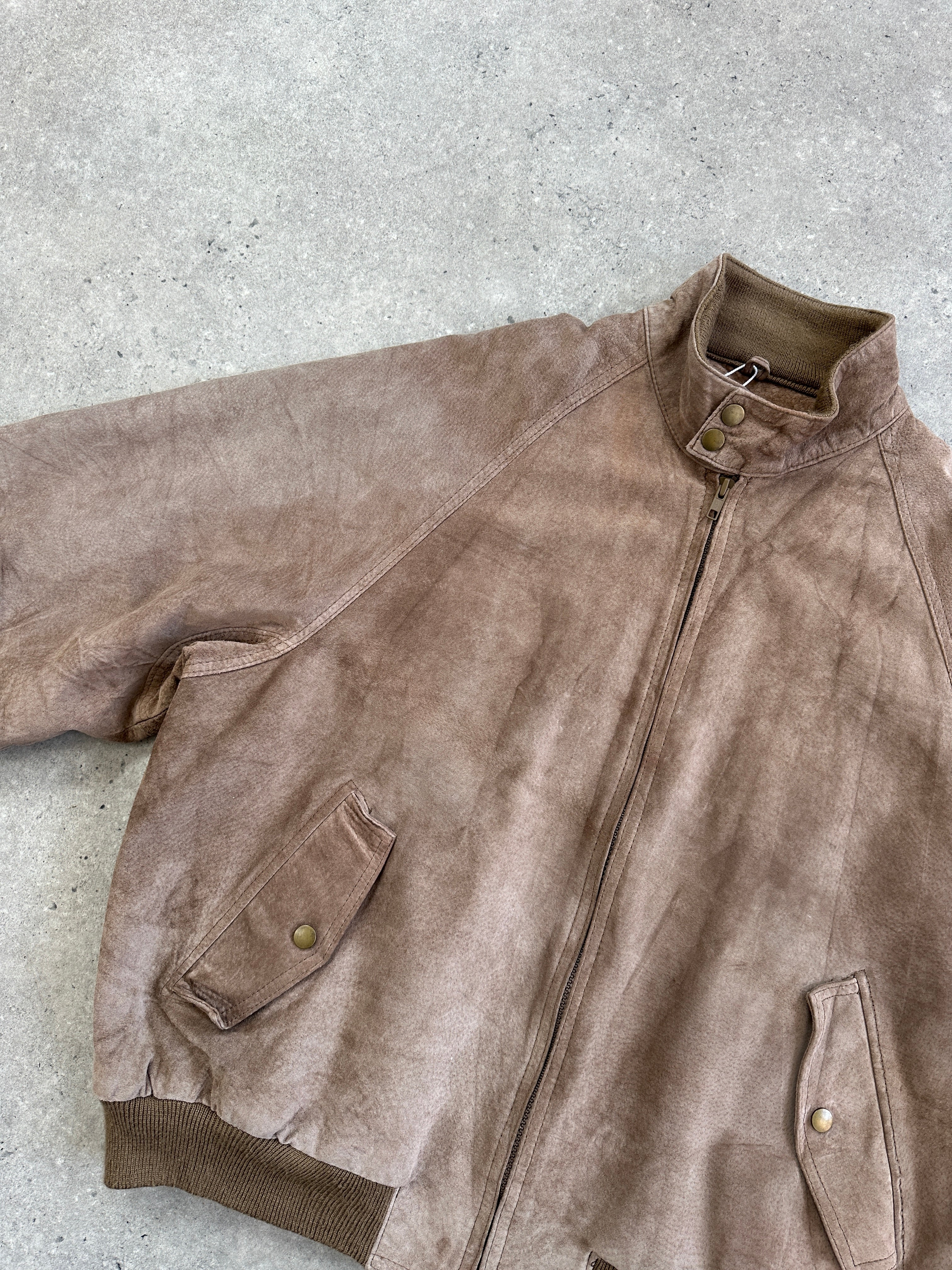 Vintage 1990s high neck suede bomber jacket in XL size, featuring classic style and soft brown suede material.