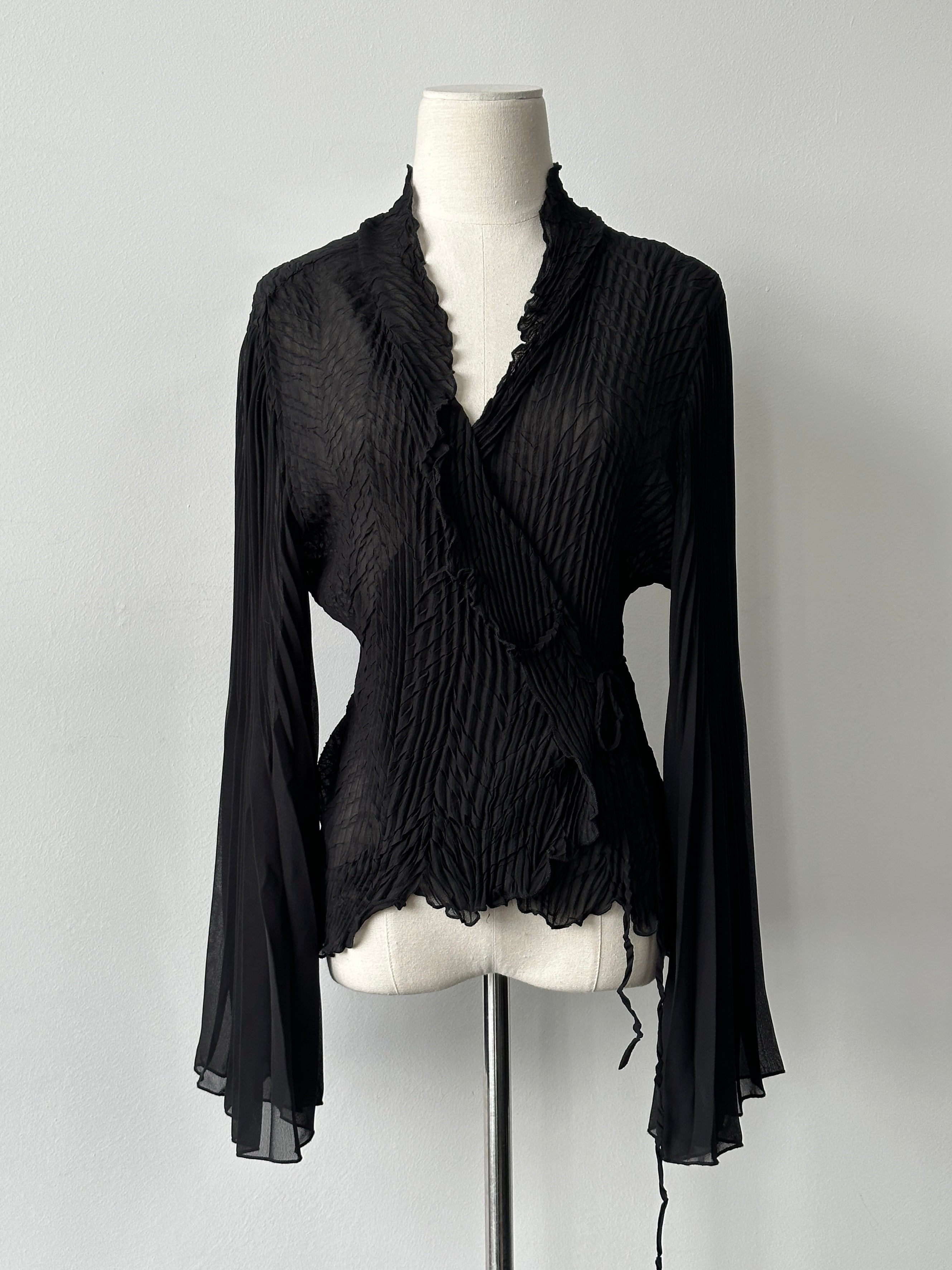 Vintage 2000s Tie Front Sheer Pleated Cardigan - M-L