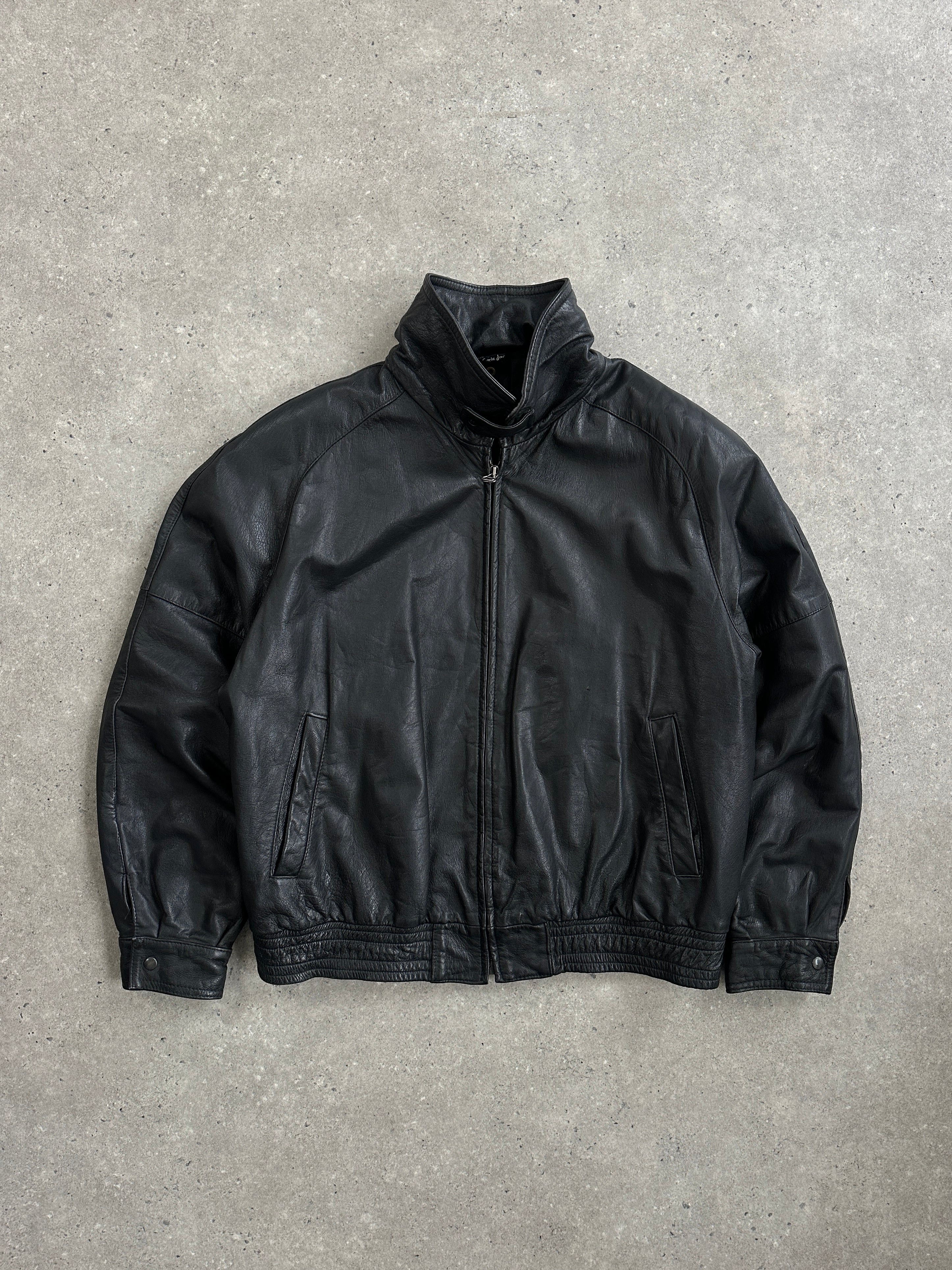 Vintage 1980s high neck leather bomber jacket in size large, featuring classic design and durable leather construction.