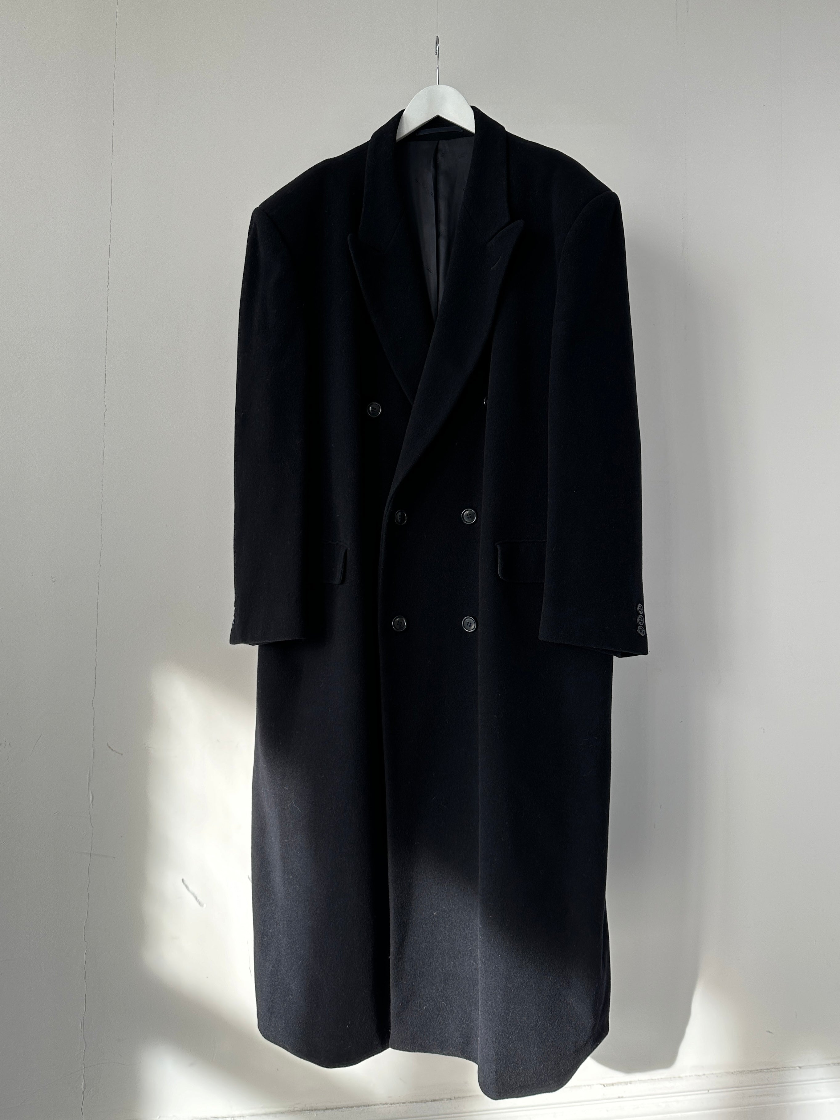 Pierre Cardin wool cashmere double-breasted coat in XXL size, featuring classic design and tailored fit, displayed on a hanger.