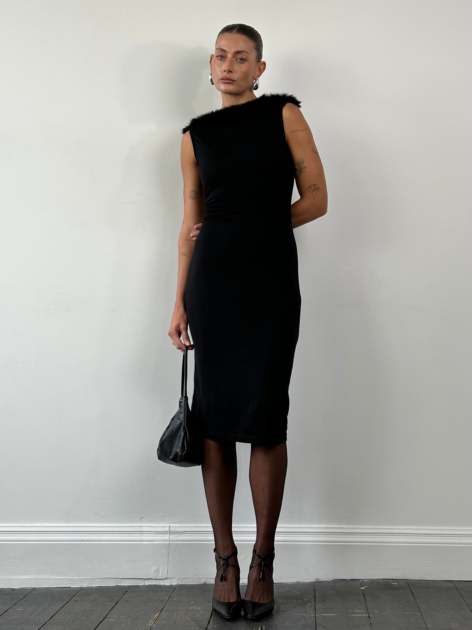 Moschino 1990s Feather Trim Boat Neck Midi Dress - S/M - Black / S Moschino 1990s Feather Trim Boat Neck Midi Dress - S/M - Black / S