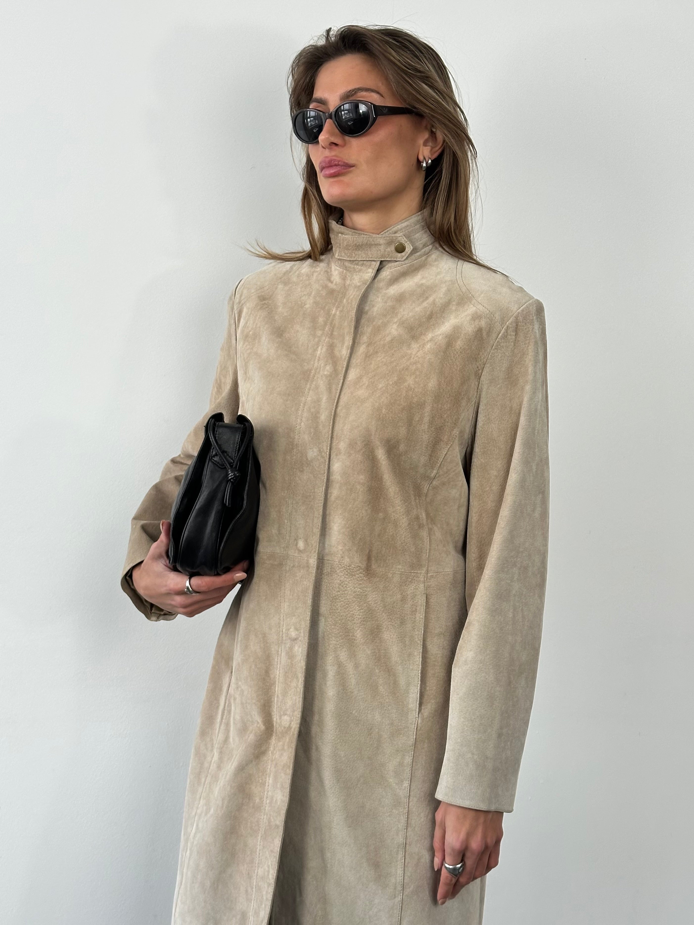 Vintage 1990s suede leather high neck jacket, size M, featuring classic design and rich brown color with textured suede finish.