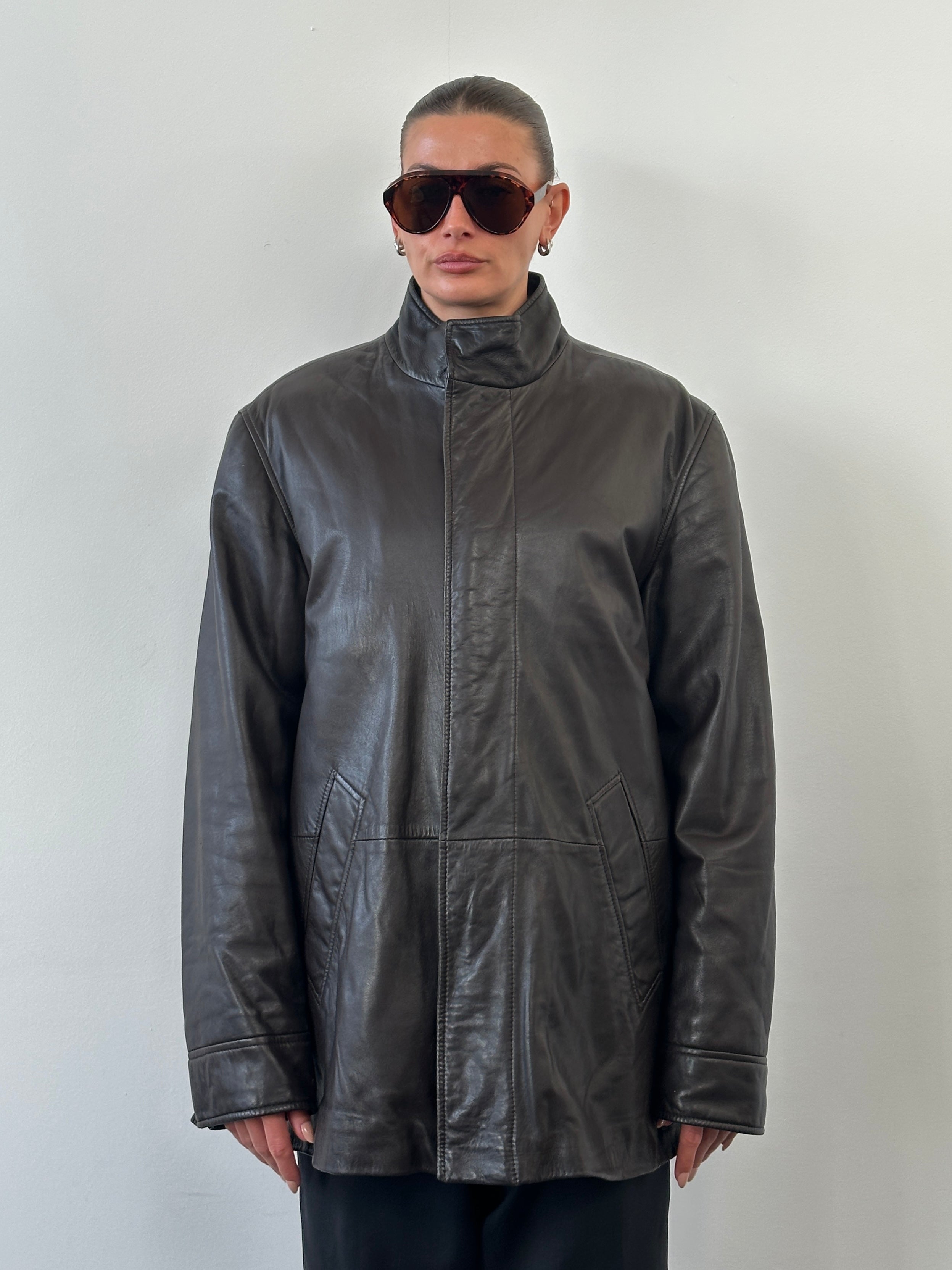 Jaeger 1990s Concealed Placket High Neck Leather Jacket - XL - SYLK