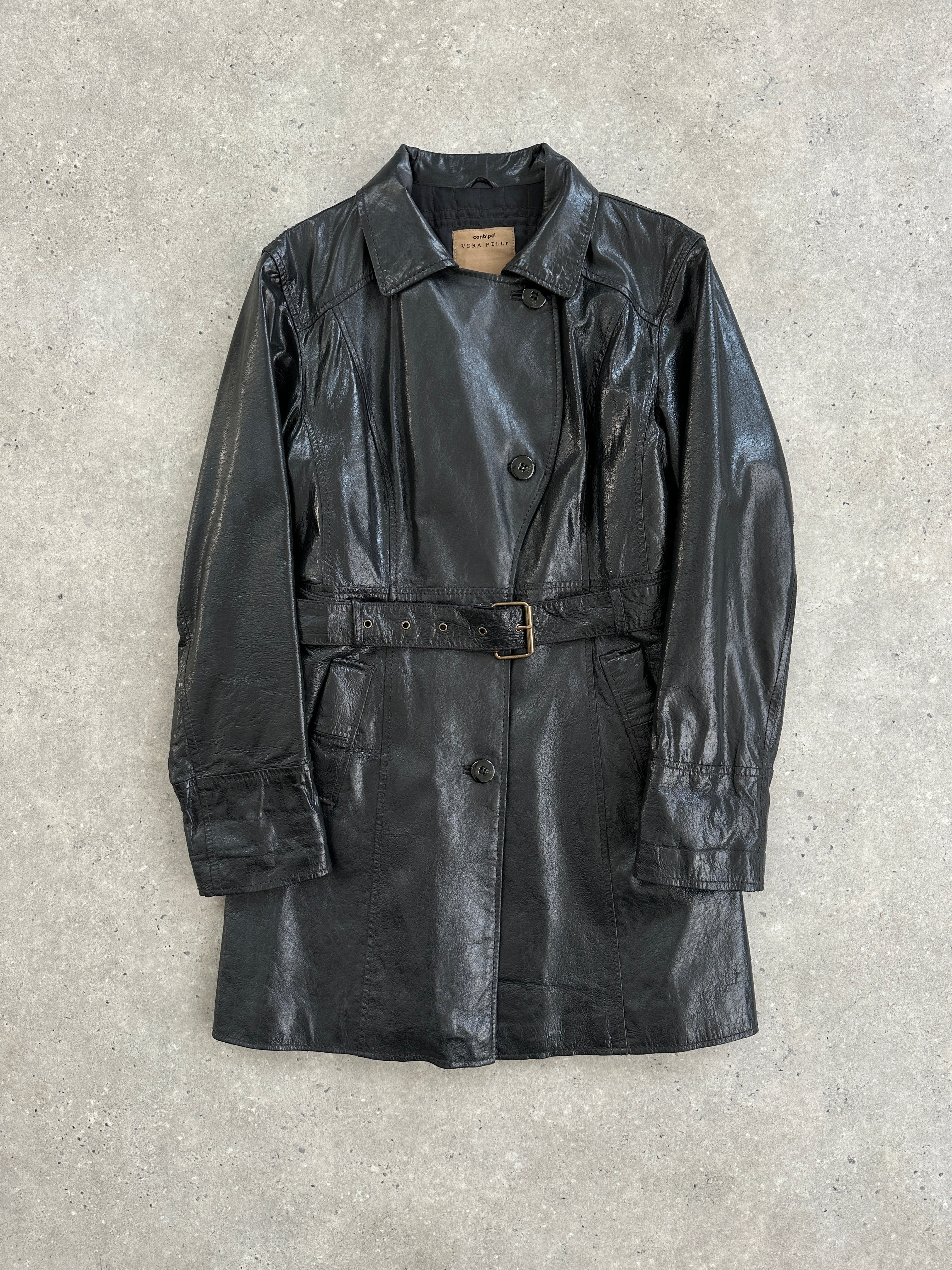 Conbipel leather belted trench coat jacket in size M, featuring a classic design with a leather belt and stylish details.