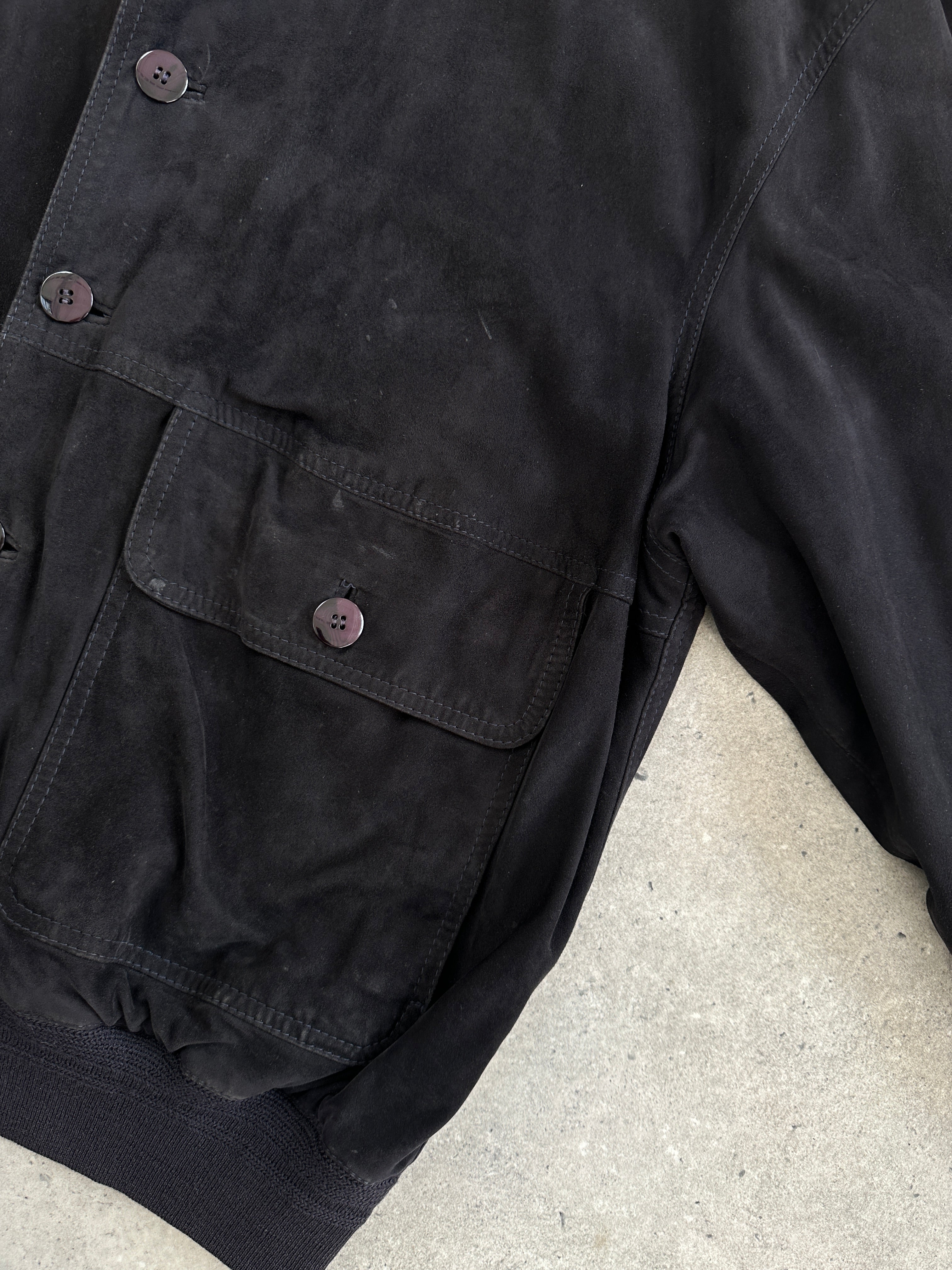 Vintage 1980s high neck suede leather bomber jacket in XL, showcasing classic vintage style and textured suede material.