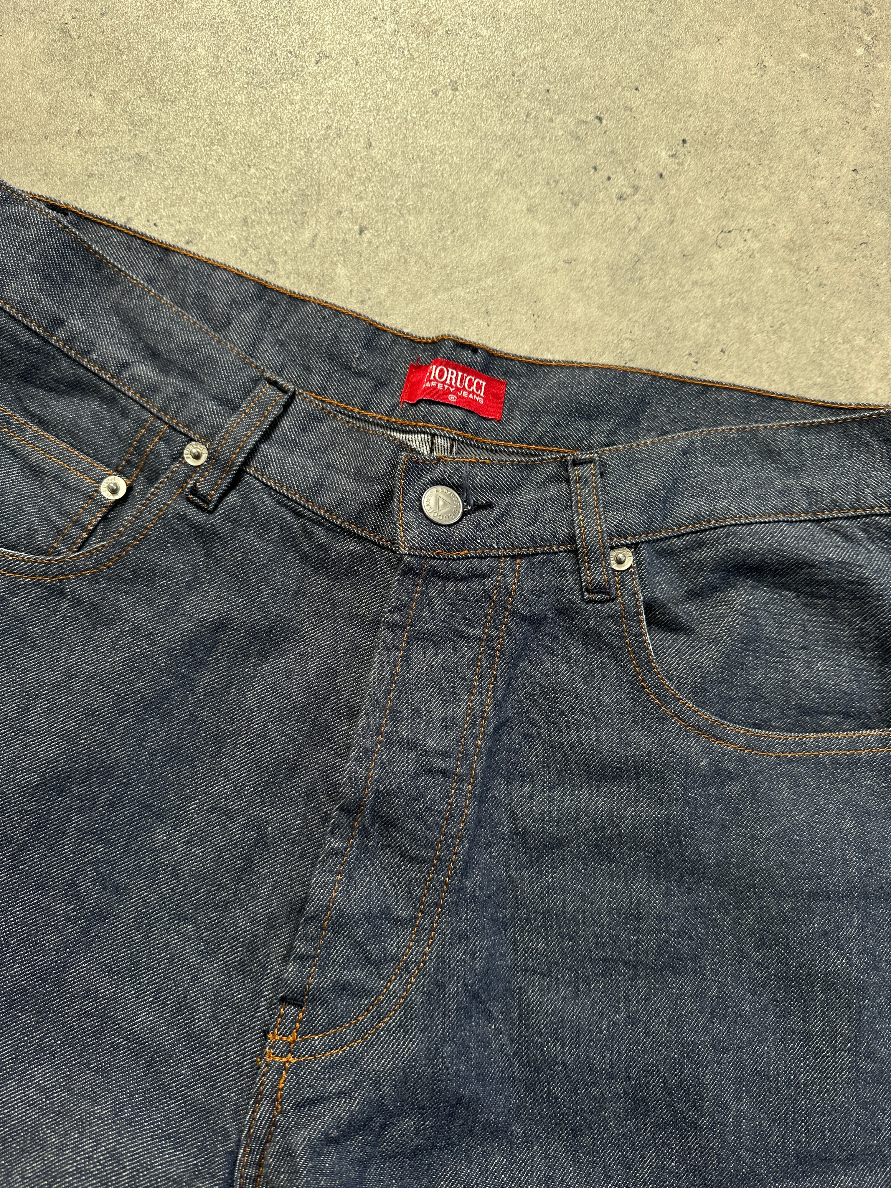 Fiorucci 1990s Safety Jean high-waisted straight-leg denim jeans, W32, with classic blue wash and vintage fit.