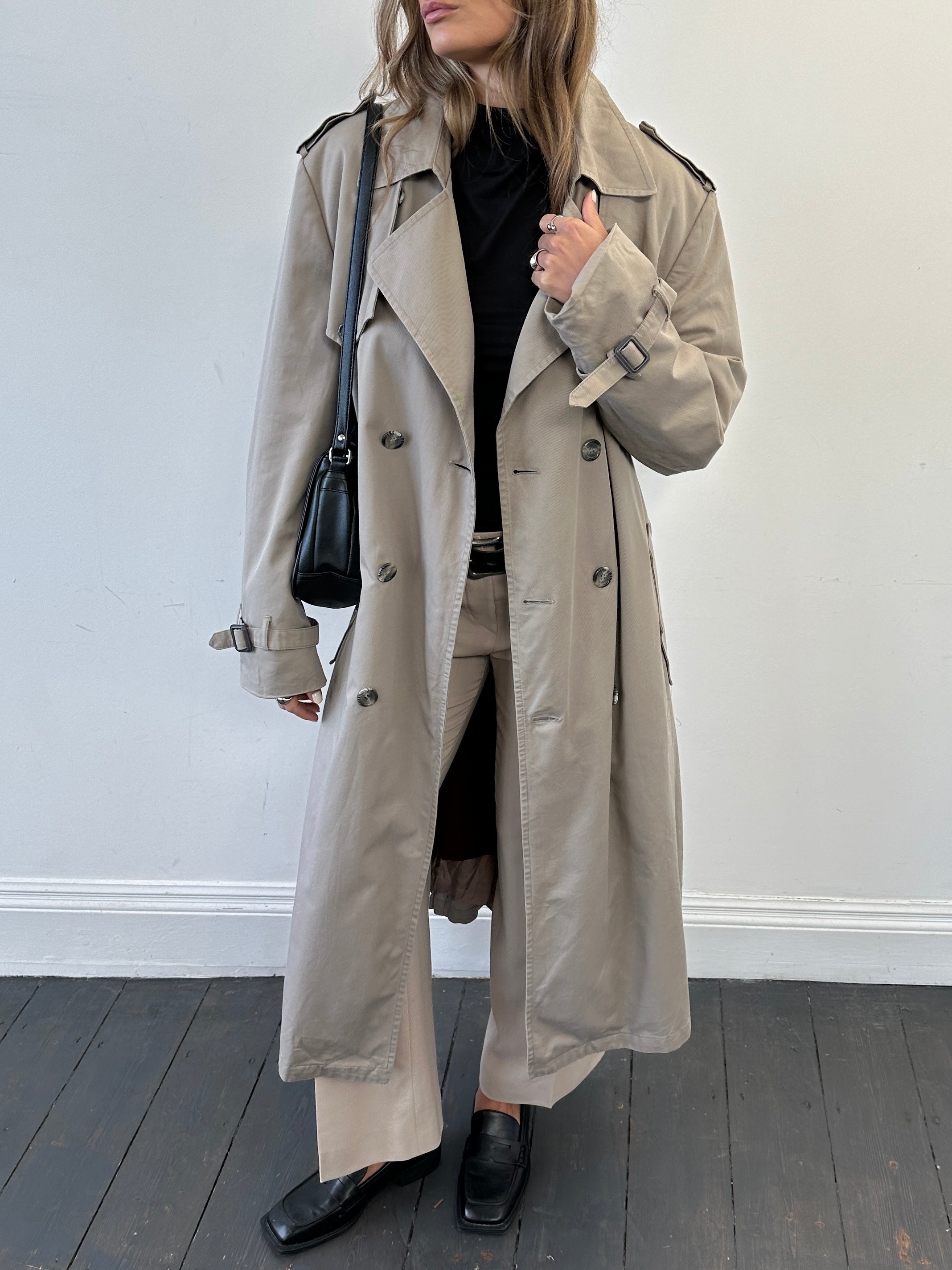Christian Dior double-breasted cotton trench coat in size L/XL, tailored fit with classic belt and stylish design.