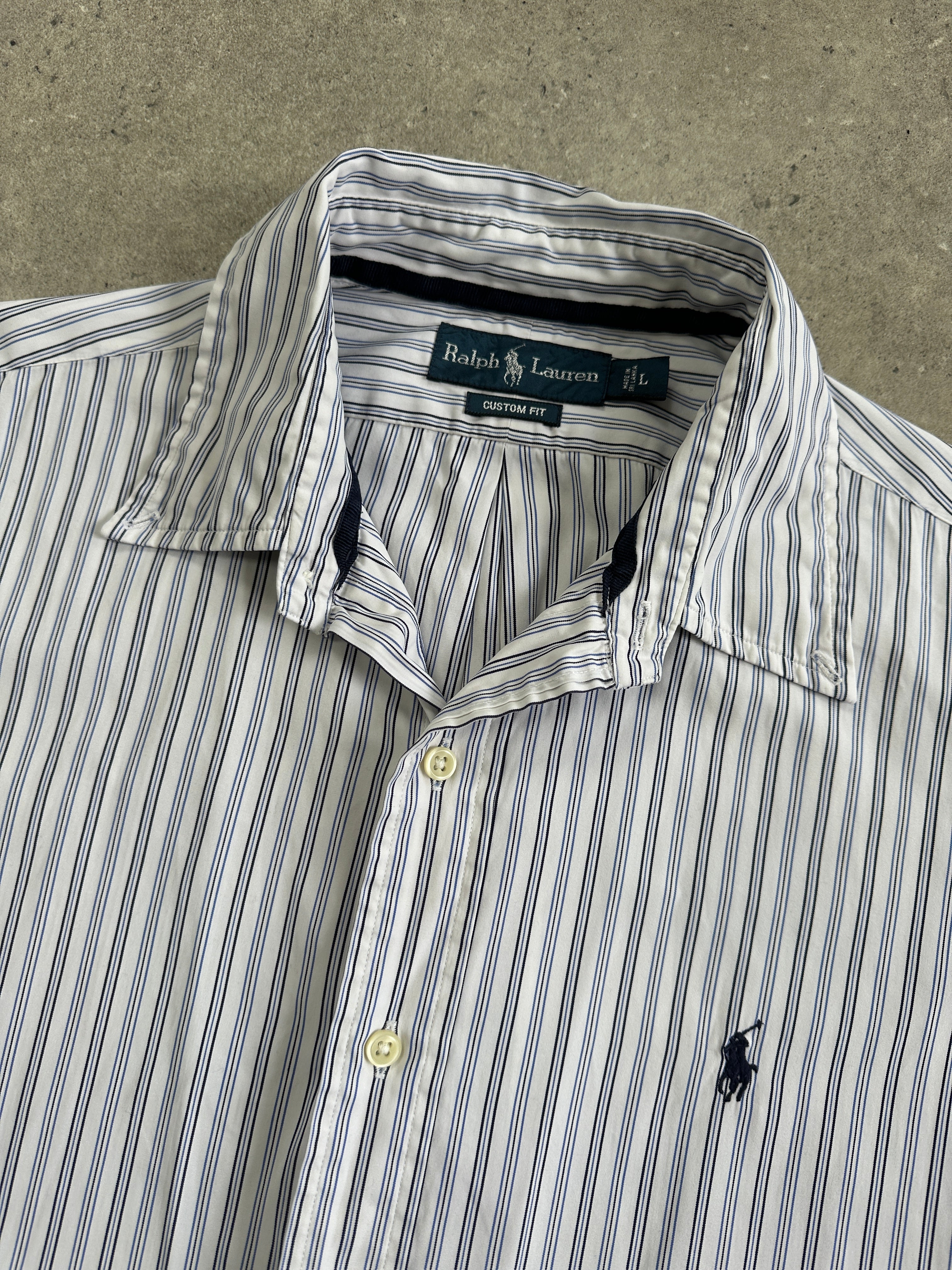 Ralph Lauren stripe pure cotton shirt in size large, featuring classic design and button-down collar, displayed on a hanger.