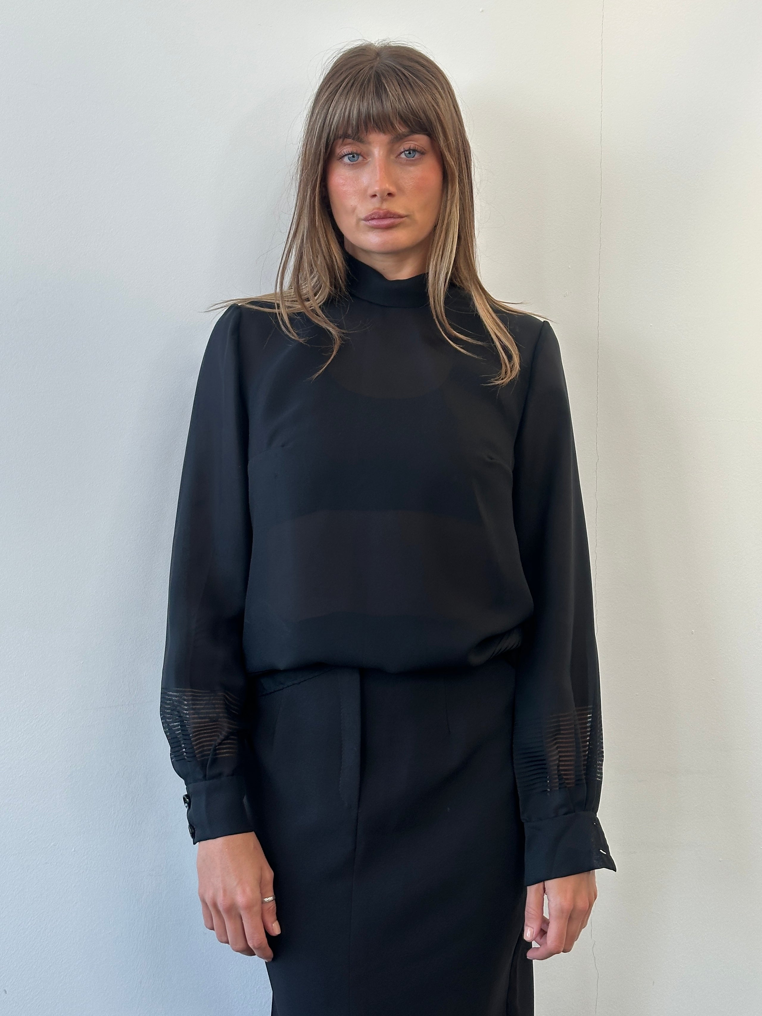 Vintage 1990s sheer stripe panel shirt, size medium, featuring lightweight fabric and classic design details.