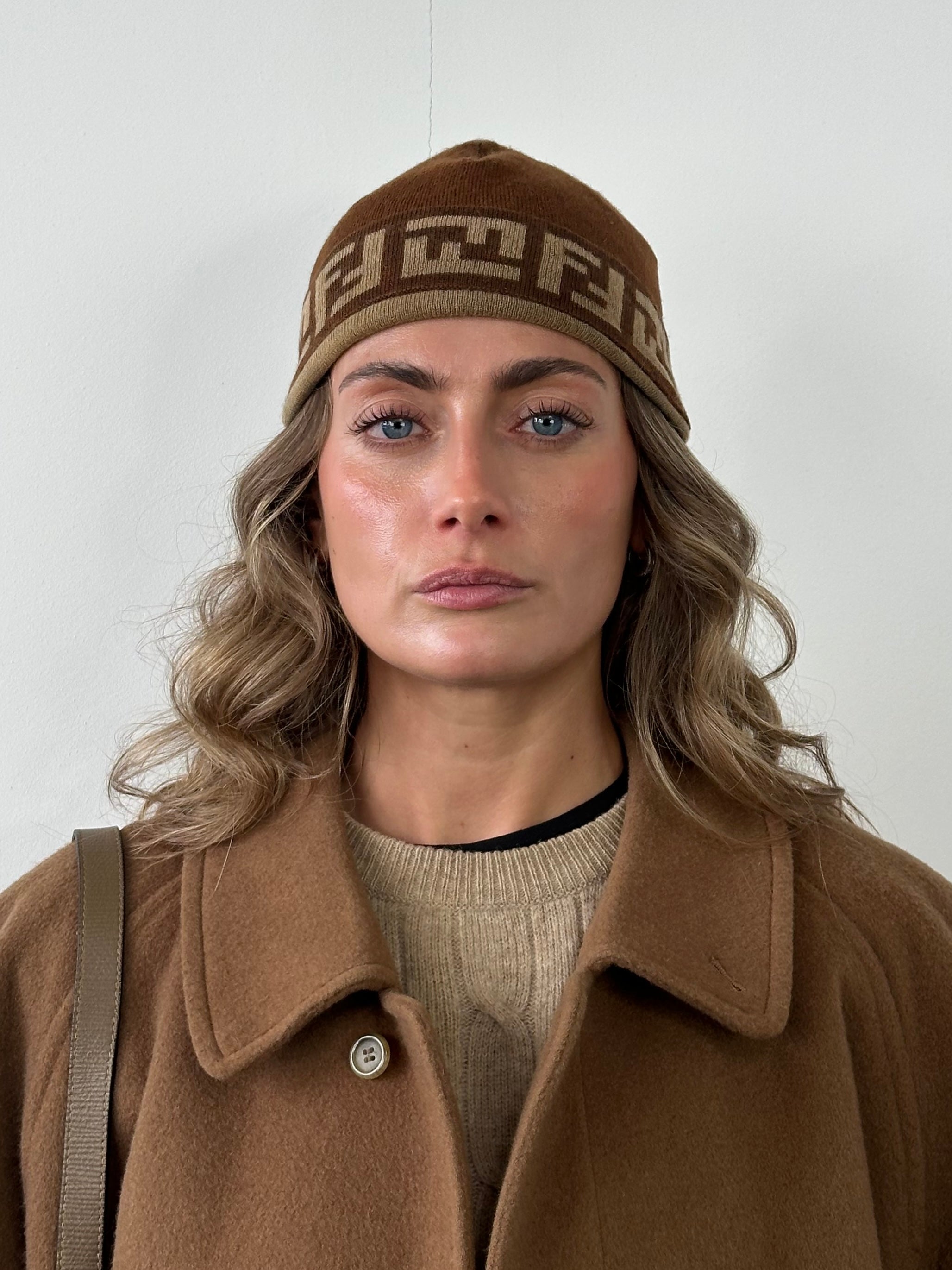 Fendi FF monogram print beanie hat with ribbed knit, stylish and cozy accessory for cold weather