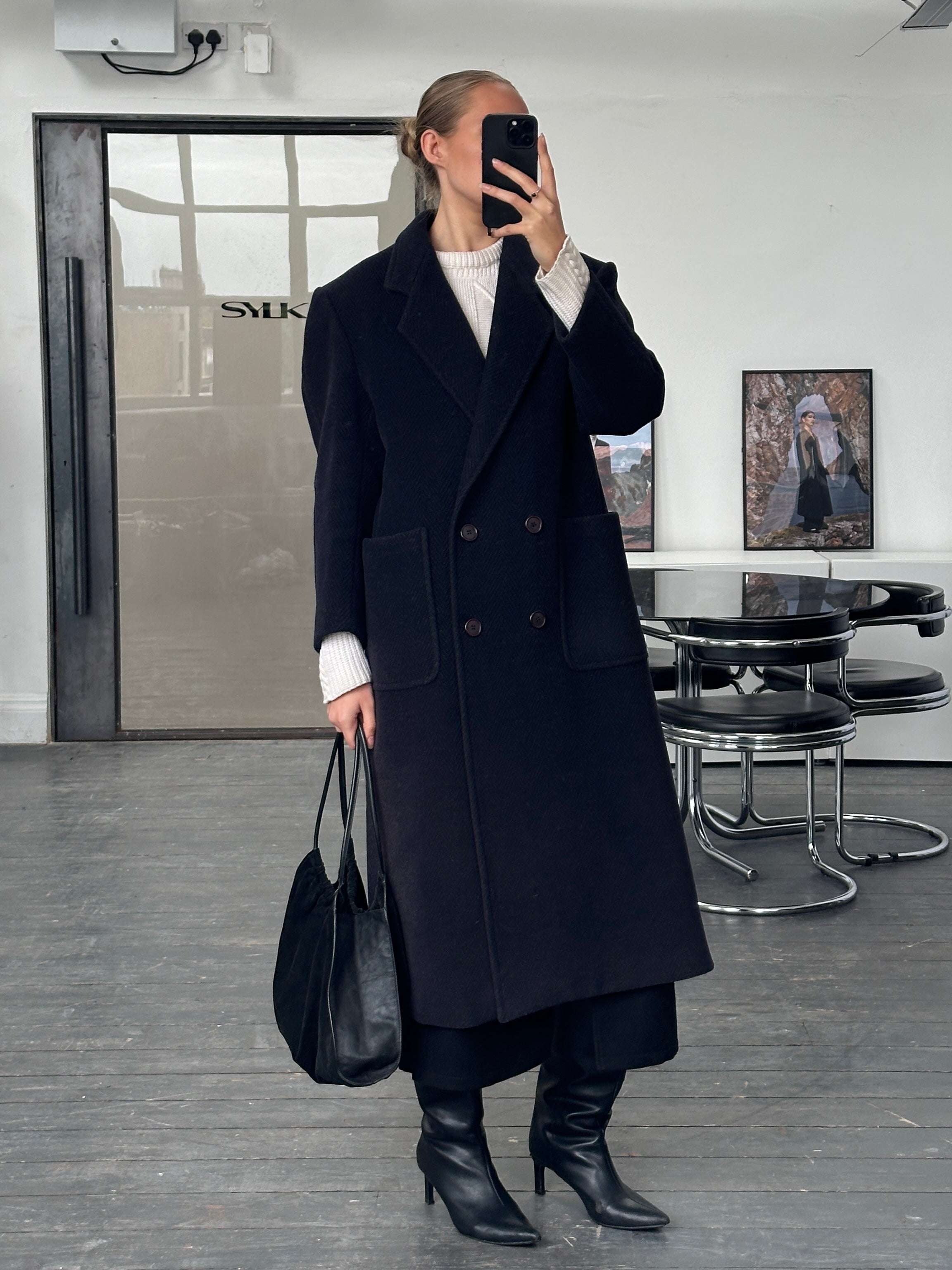 Burberry 1990s herringbone wool double-breasted coat in beige with classic lapels and button details, size M/L.