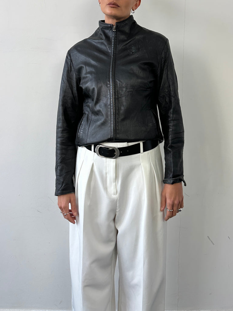 Italian Vintage High Neck Double Zip Leather Jacket - S - SYLK