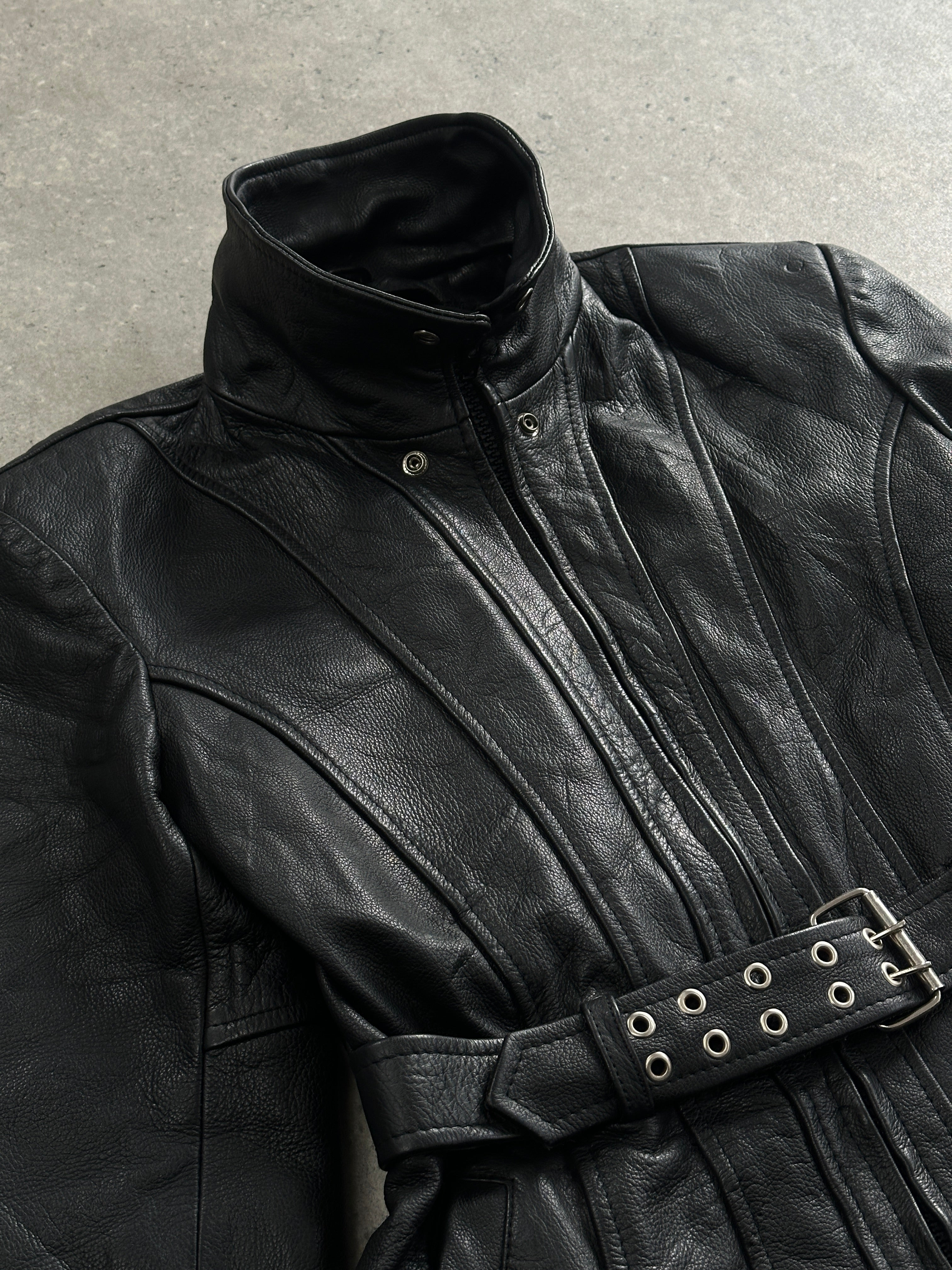 Vintage 1990s high neck belted leather jacket, size M, with classic leather texture and stylish design.