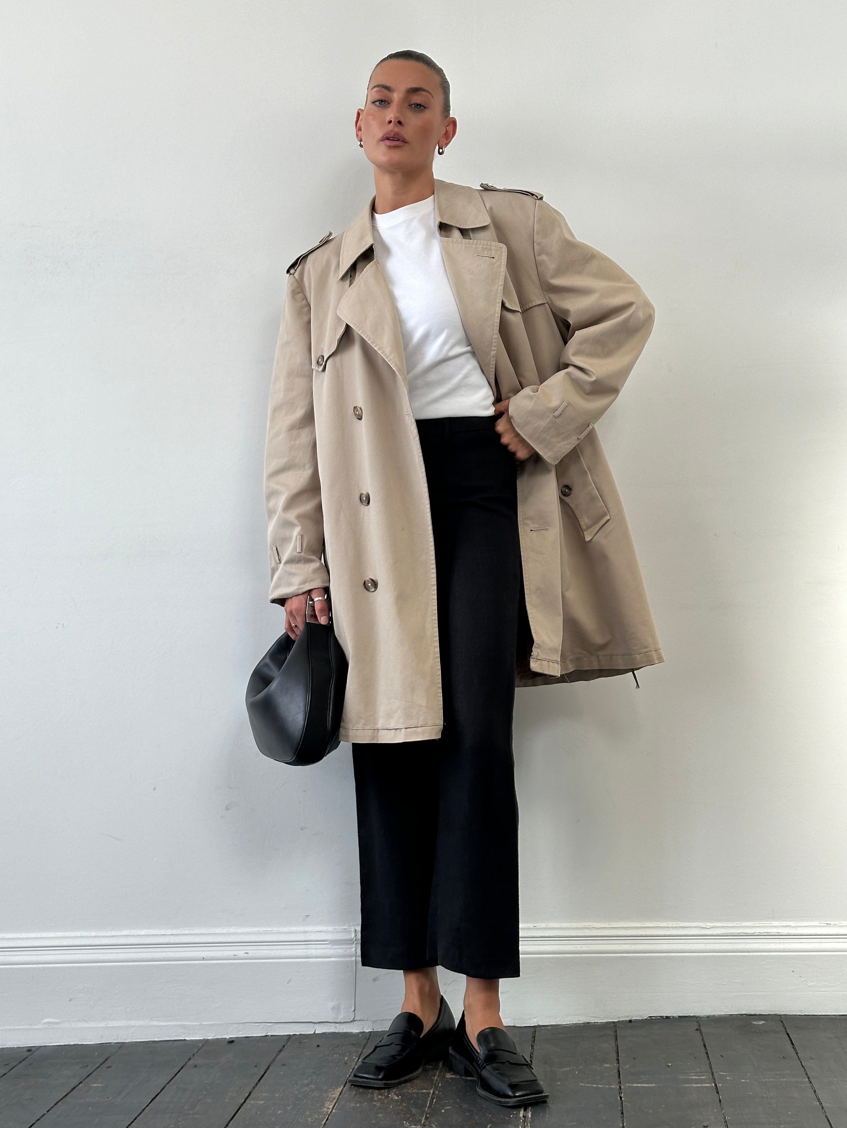 Christian Dior Monsieur cotton double-breasted belted trench coat in size L/XL, shown with classic style and tailored fit.