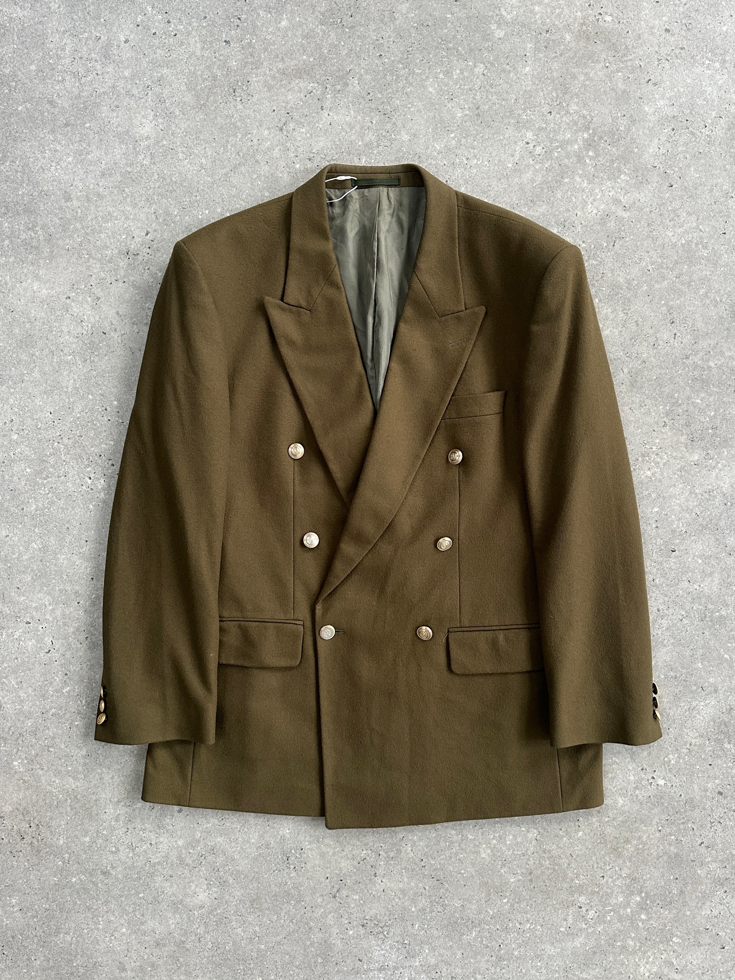 Vintage wool cashmere double-breasted blazer with bespoke buttons, size 40R/XL, featuring classic tailored design and rich fabric.