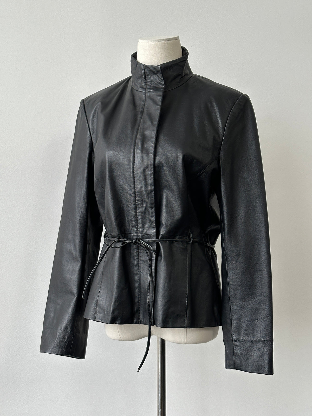 Vintage 2000s Tie Belt High Neck Leather Jacket -