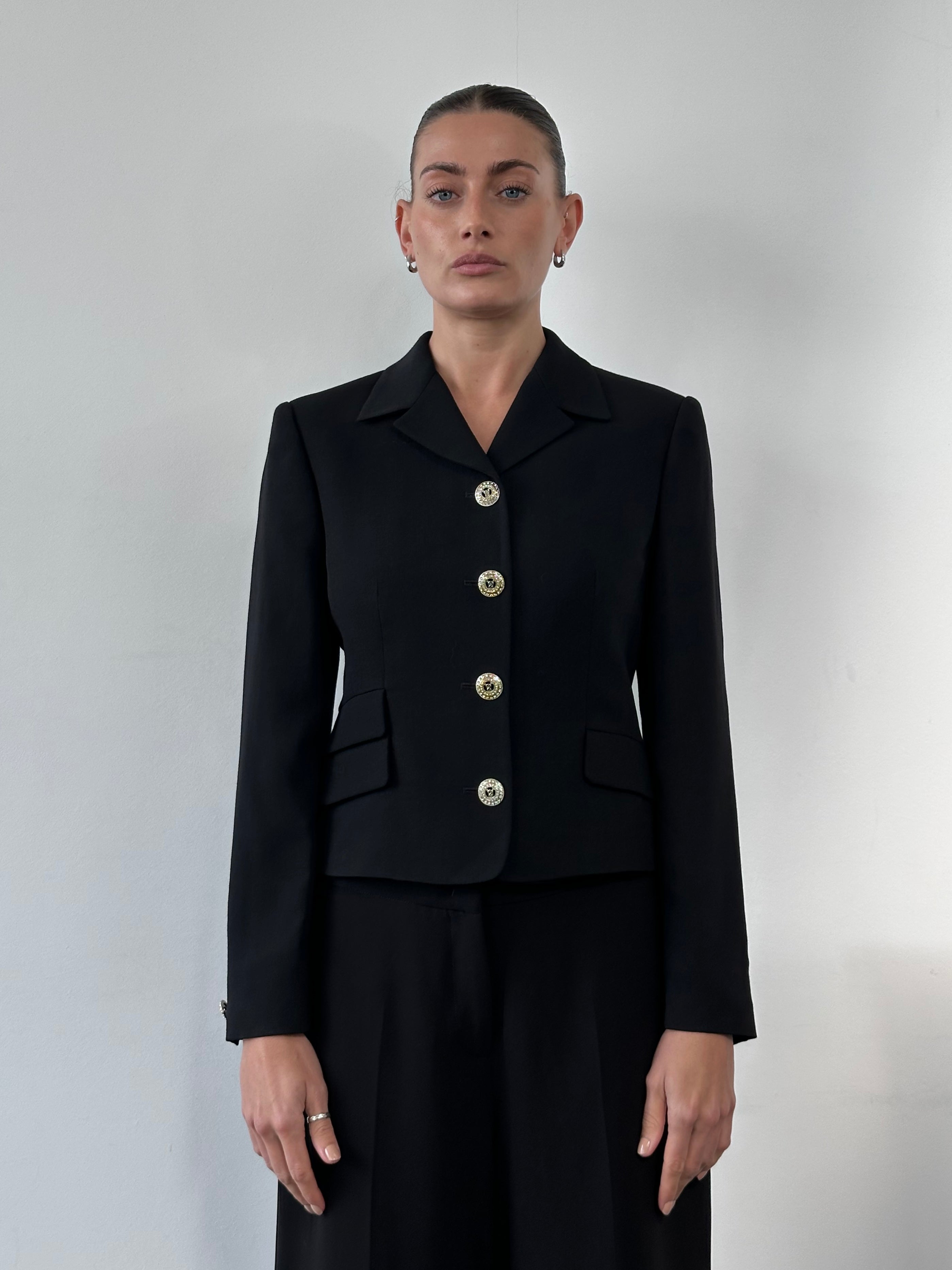 Versace Classic V2 90s pure wool fitted blazer with rhinestone buttons in S/M size, featuring a tailored design and elegant details.