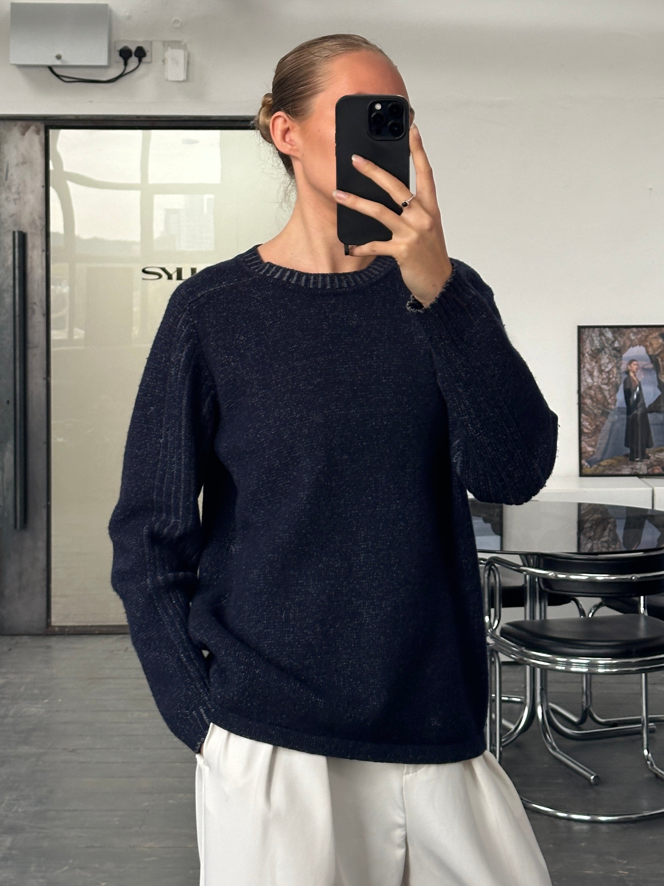 Armani Jeans 2000s wool knitted logo jumper in size M, featuring a cozy knit with Armani branding on the front.
