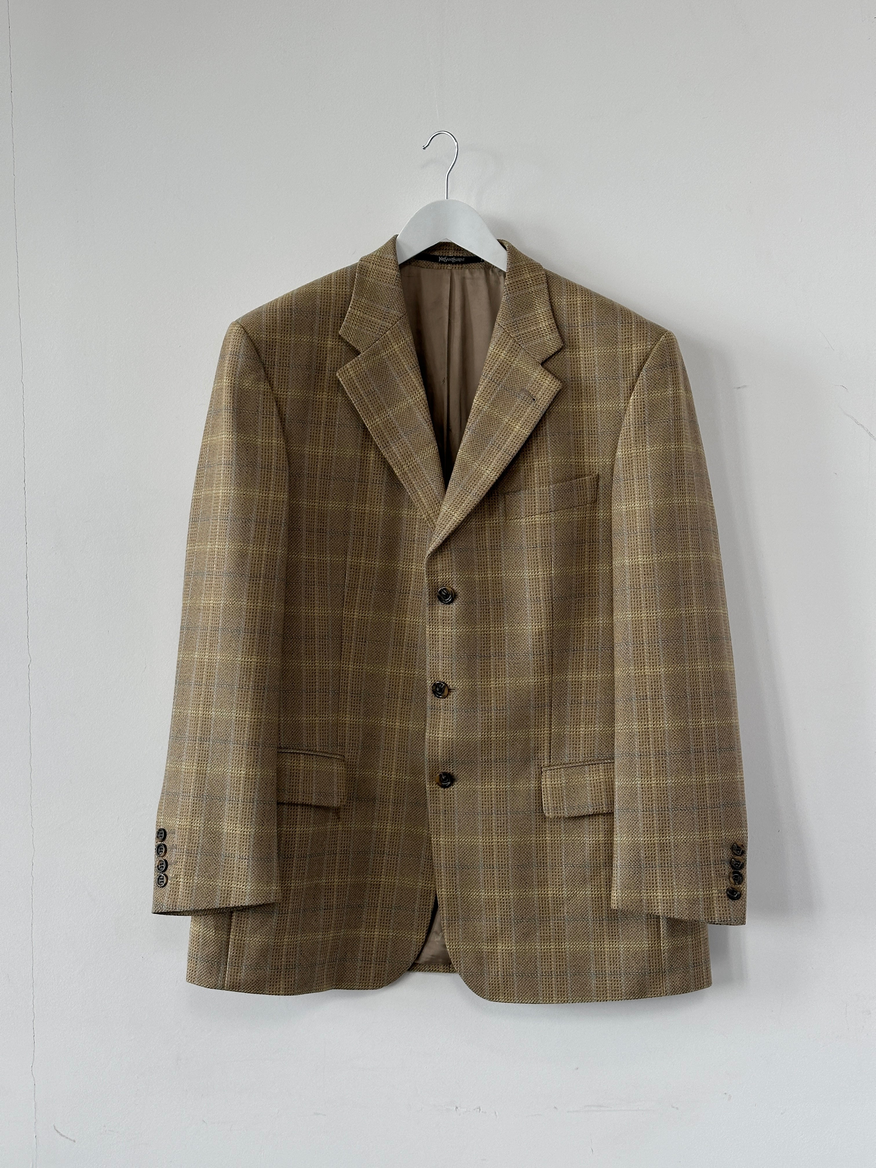 Yves Saint Laurent Pour Homme XXL wool check blazer with classic tailored fit and stylish pattern in the image.