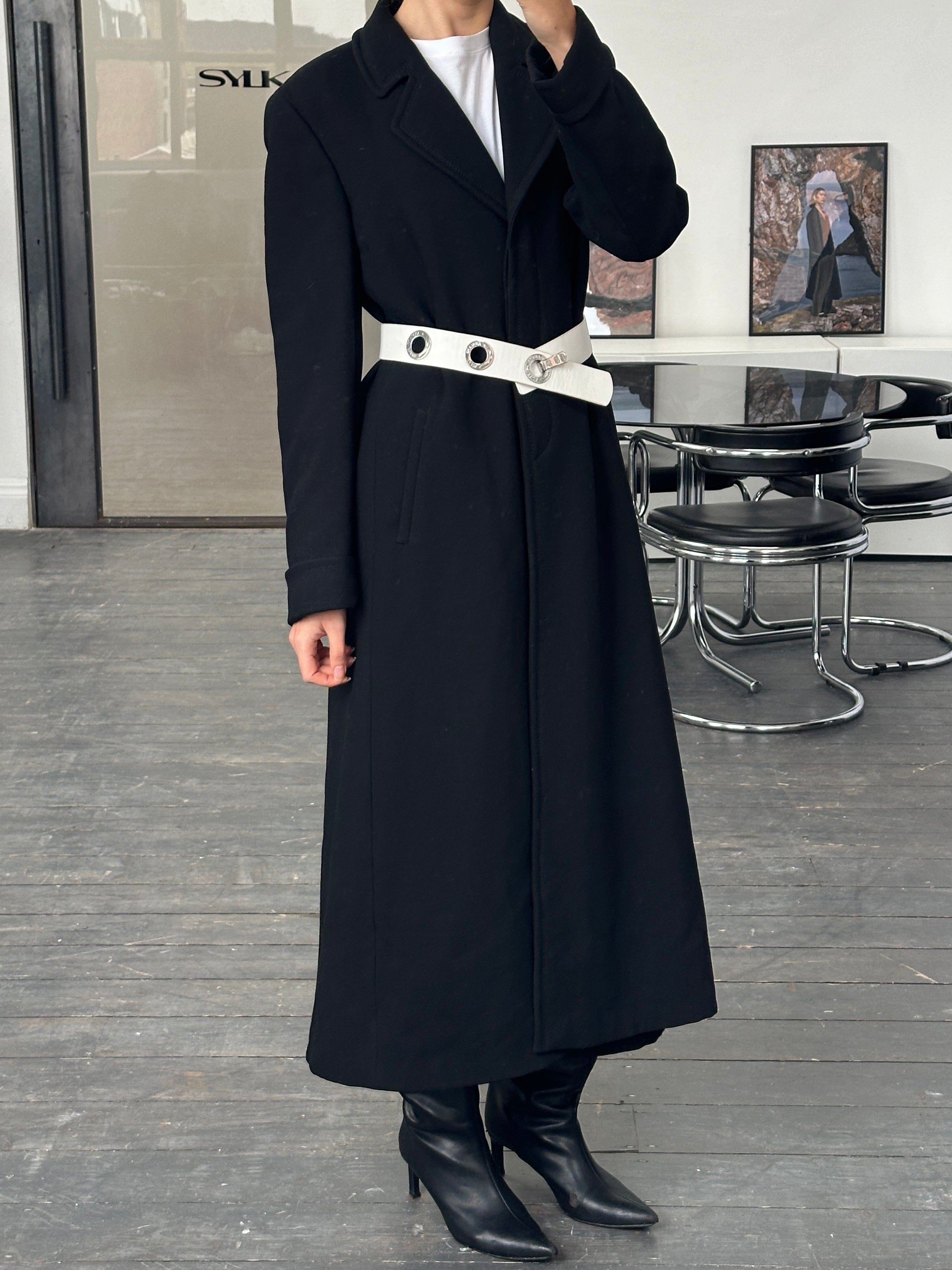 Giorgio Armani 1990s pure wool floor-length coat in size M, showcasing classic tailored design and elegant silhouette.