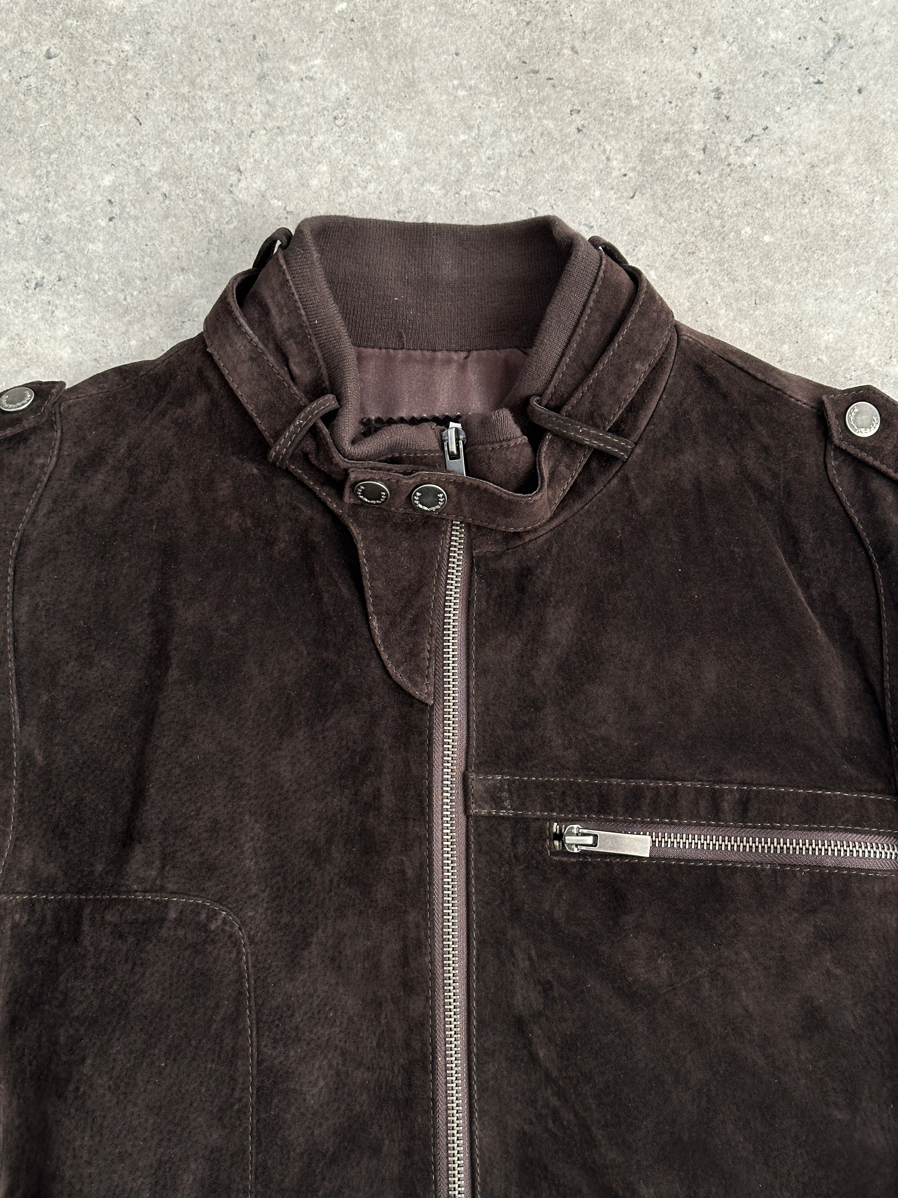 Vintage Italian double zip suede moto jacket, men's size M, stylish and classic leather jacket with vintage appeal.