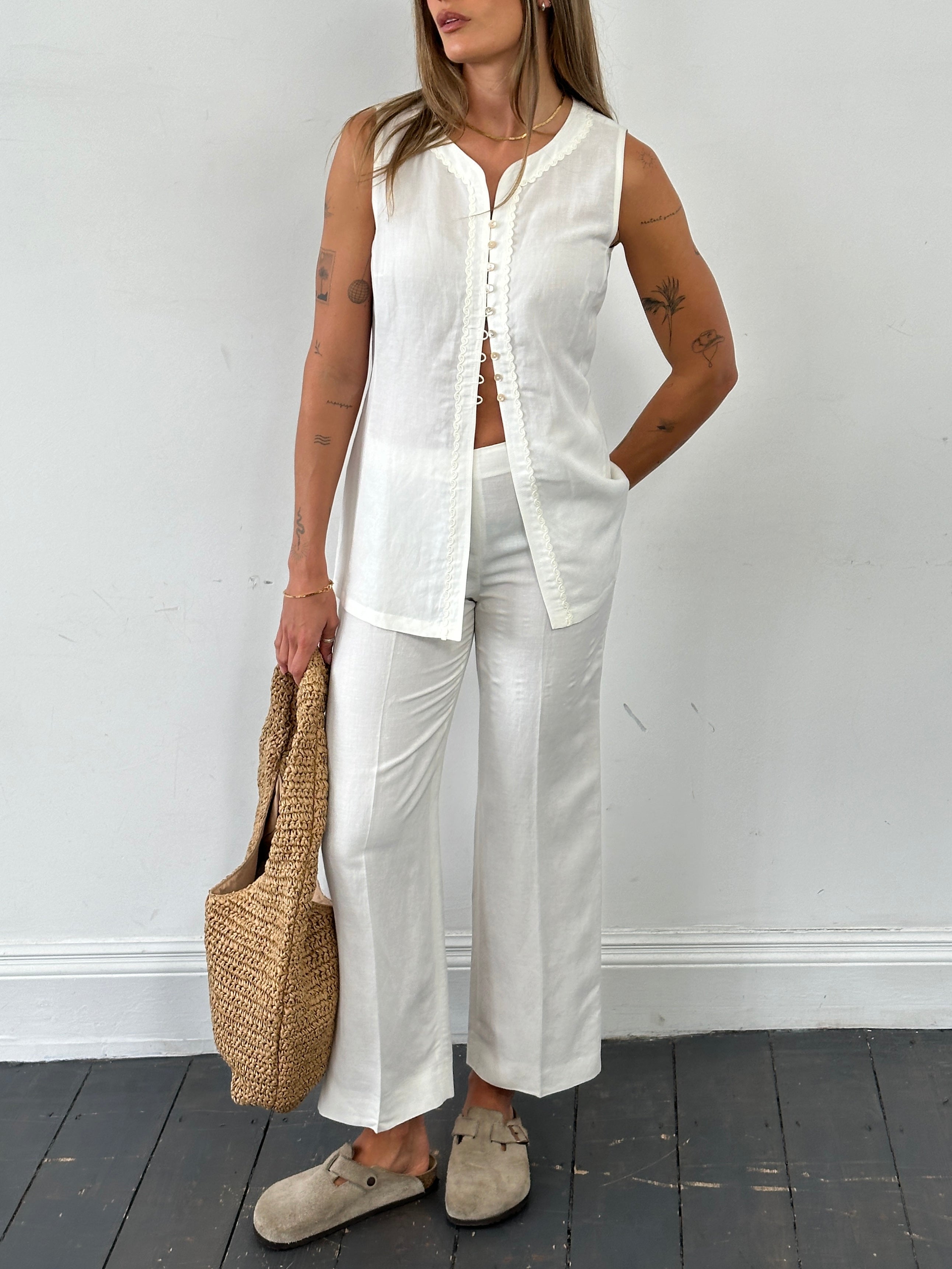 Marella linen embroidery waistcoat and trousers two-piece set in natural fabric, featuring detailed embroidery and tailored fit.
