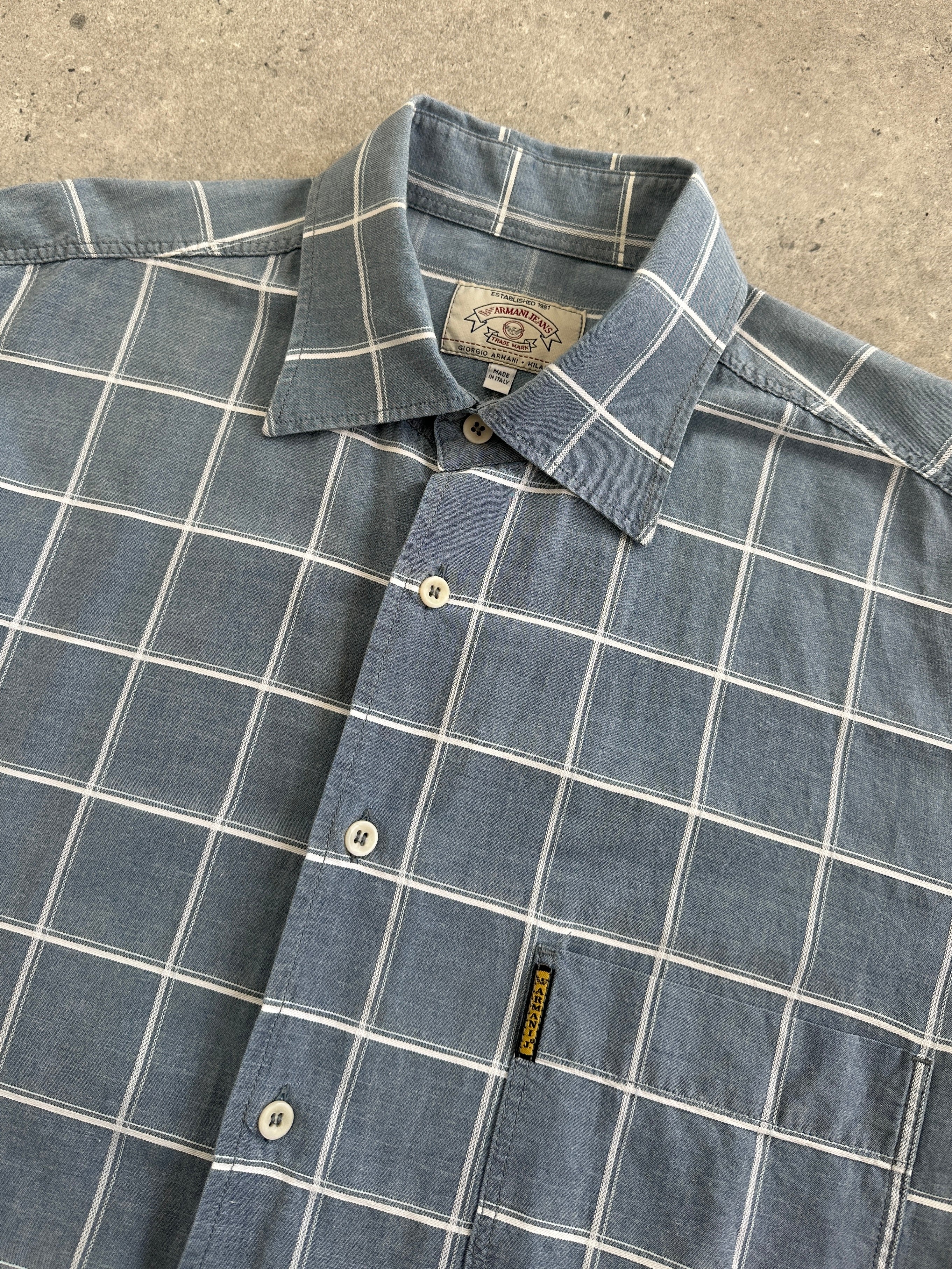 Armani Jeans check flannel pure cotton logo shirt in XXL, featuring a classic plaid pattern and branded logo detail.