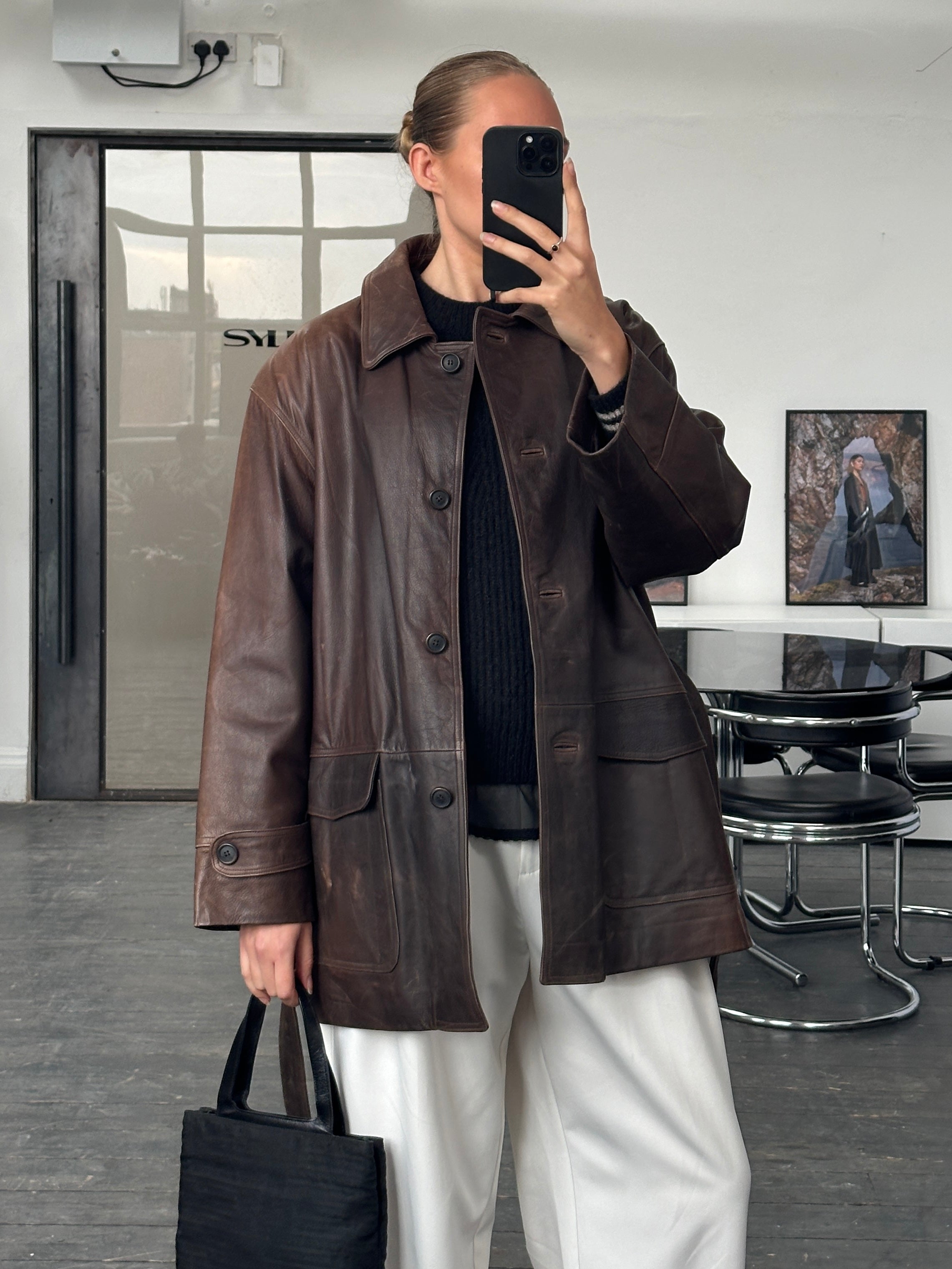 Vintage Italian 1990s aged belted leather jacket, XL size, showcasing distressed leather and classic design details.