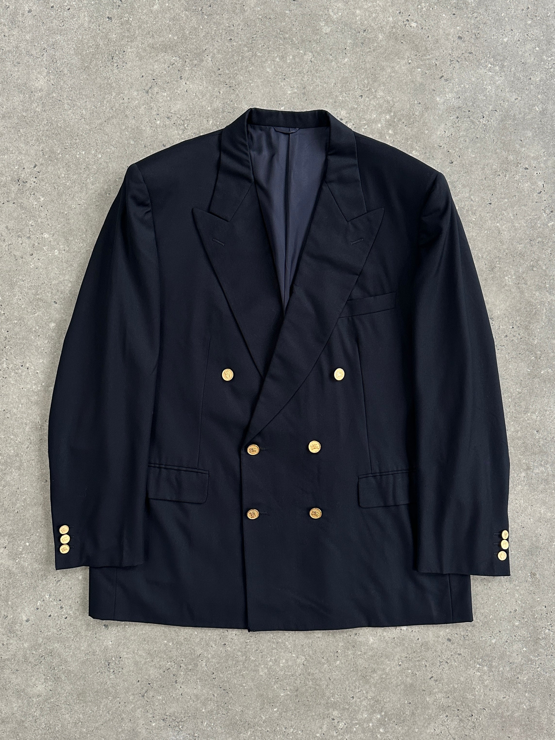 Burberry pure wool double-breasted blazer in size 46R/XXL, featuring a tailored fit and classic design with buttons on the front.