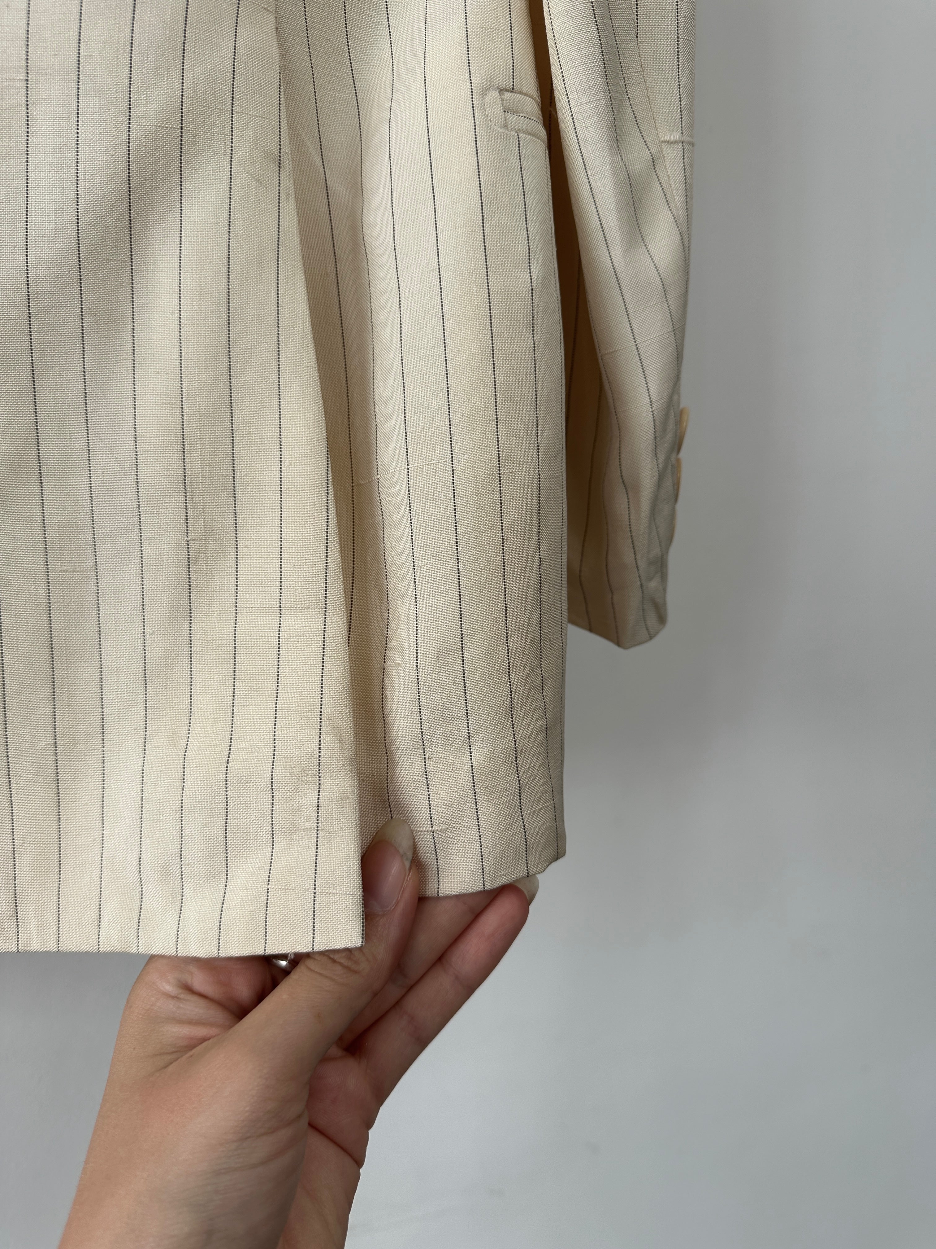 Pierre Cardin pure silk stripe double-breasted blazer in size 36R/S, featuring a tailored fit and classic design.