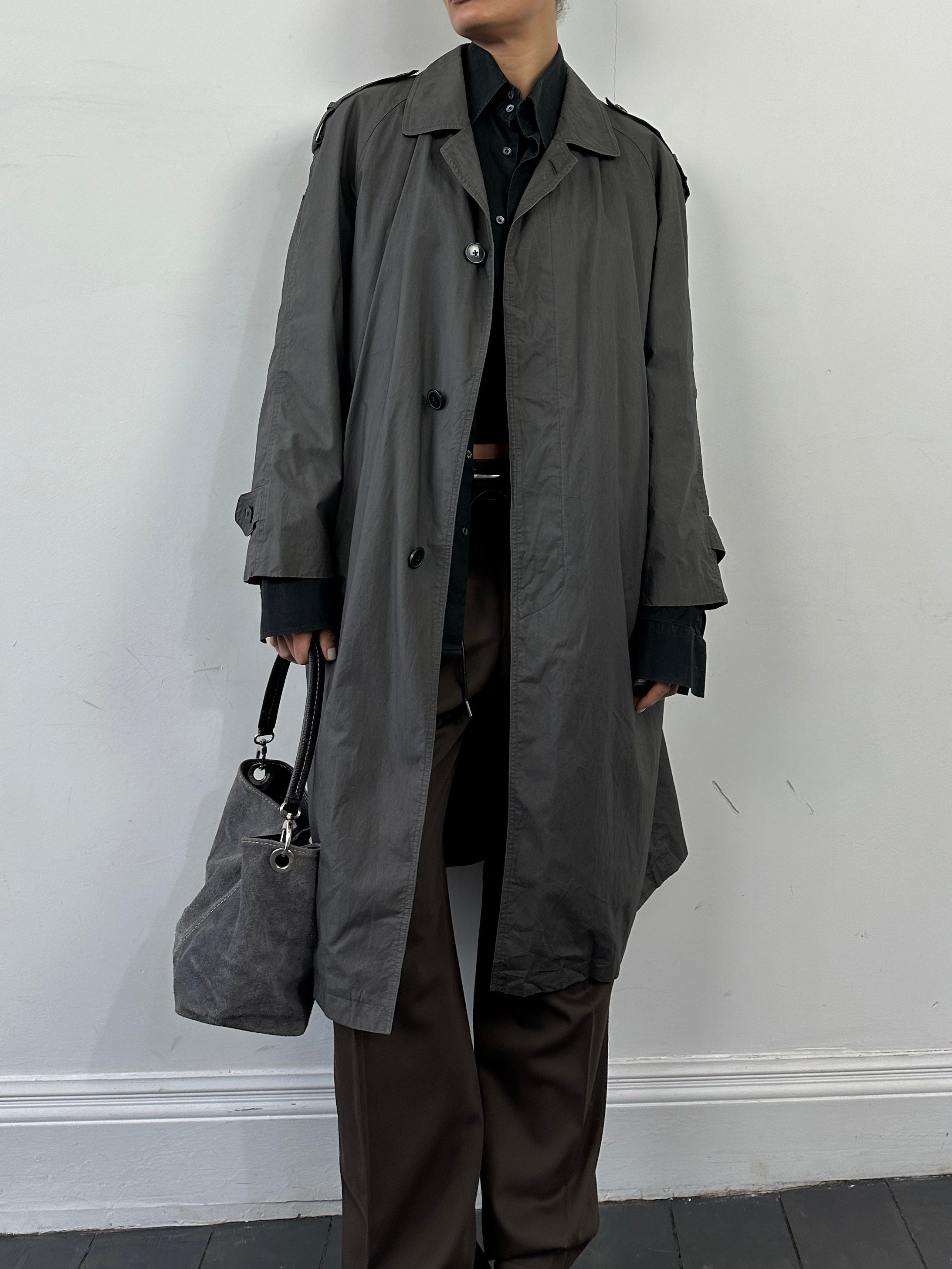 Yves Saint Laurent Pour Homme pure cotton trench coat with concealed placket in classic design, shown in size M/L.