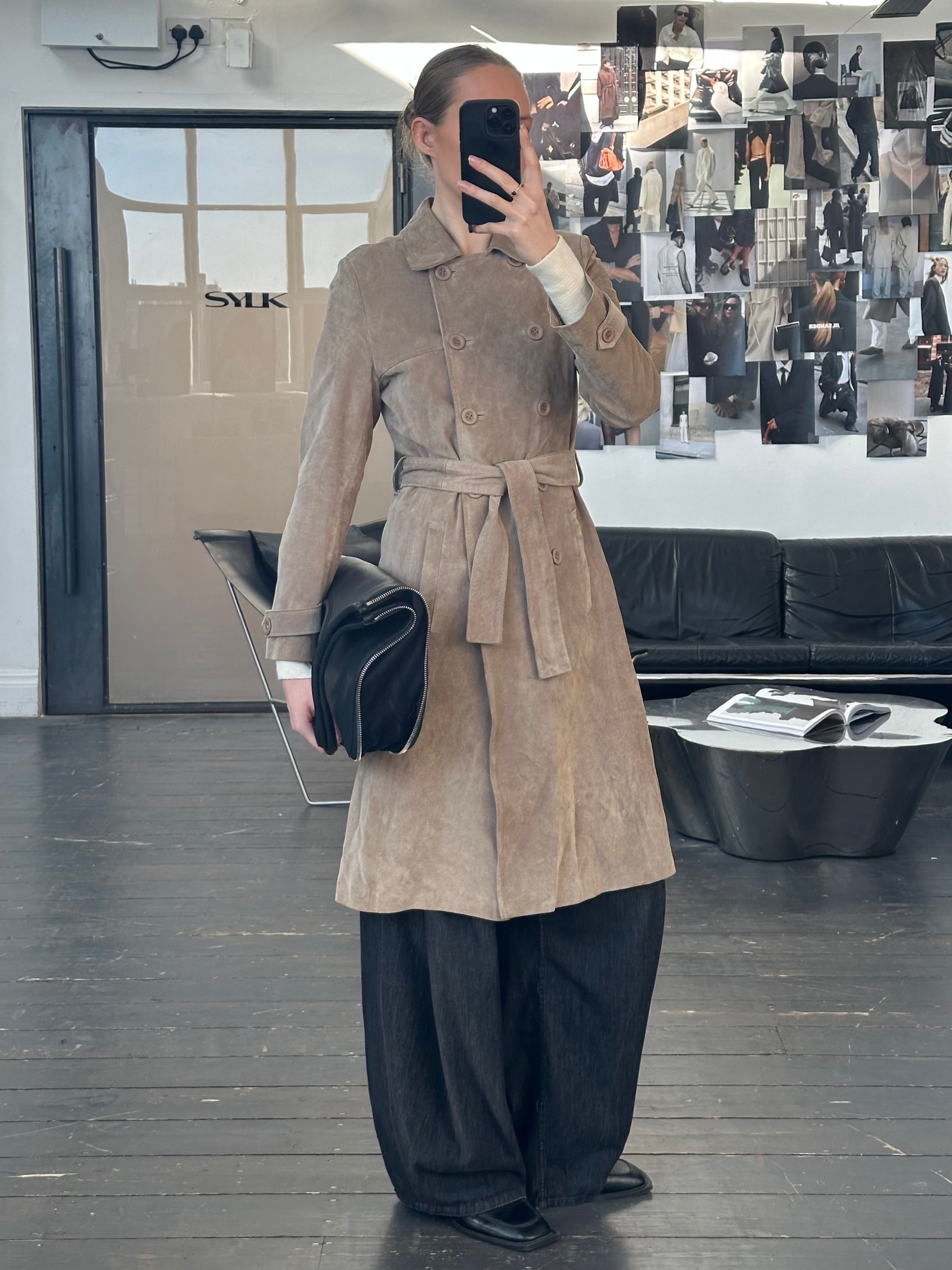 Vintage 1990s suede double-breasted belted trench coat in size S, featuring classic style and textured suede fabric.