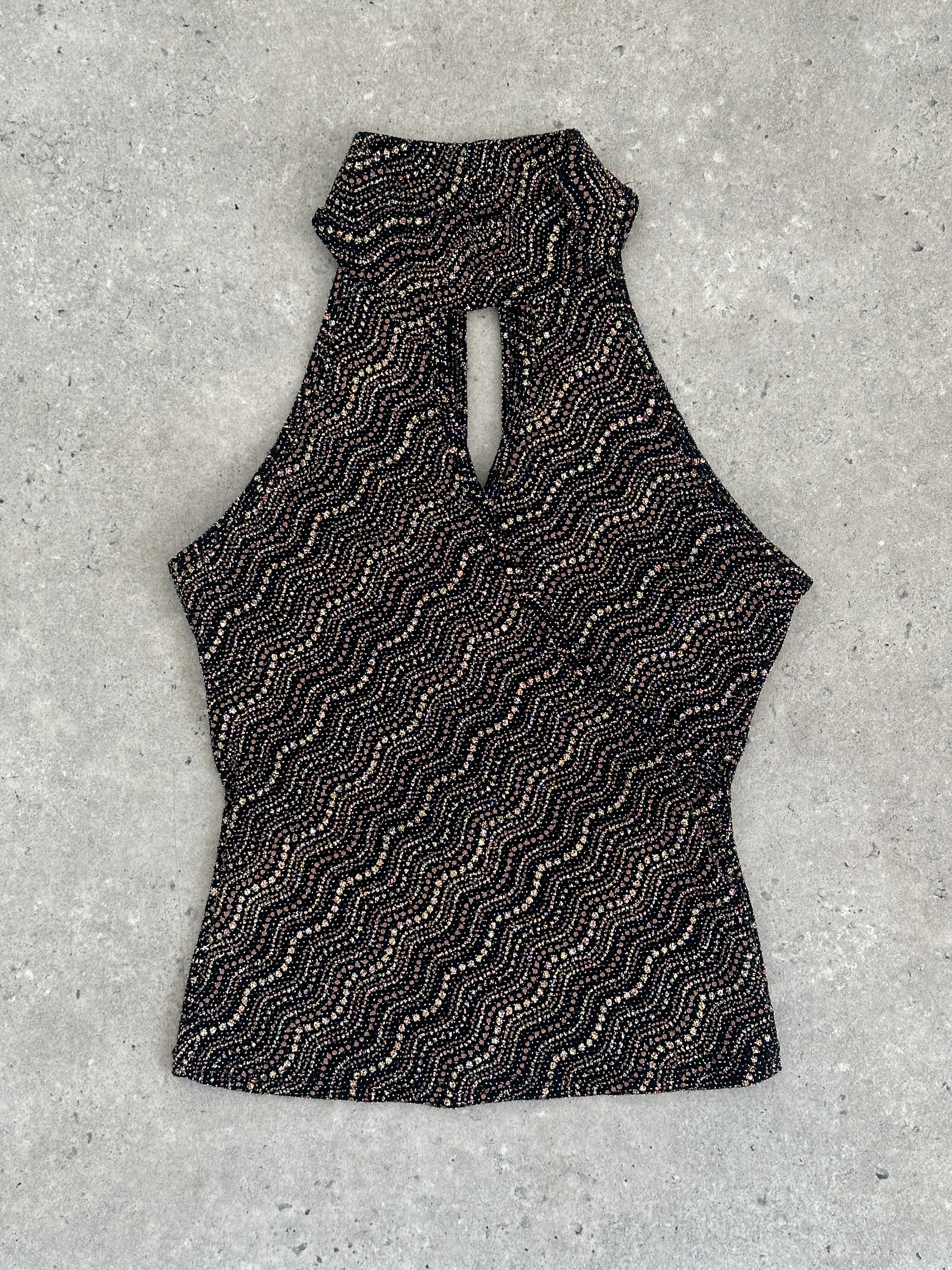 Vintage French sleeveless glittery high neck tank top in size S, featuring a sparkly fabric and elegant high neckline.