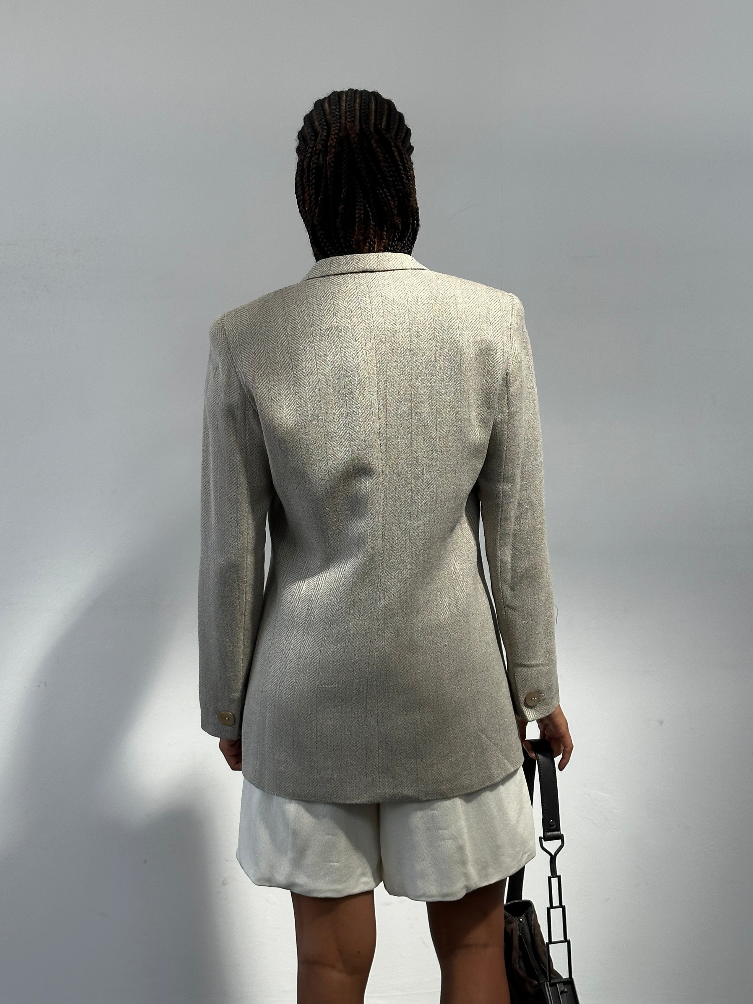 Max Mara relaxed single-button herringbone blazer in size S/M, tailored fit, with classic lapels and button closure.