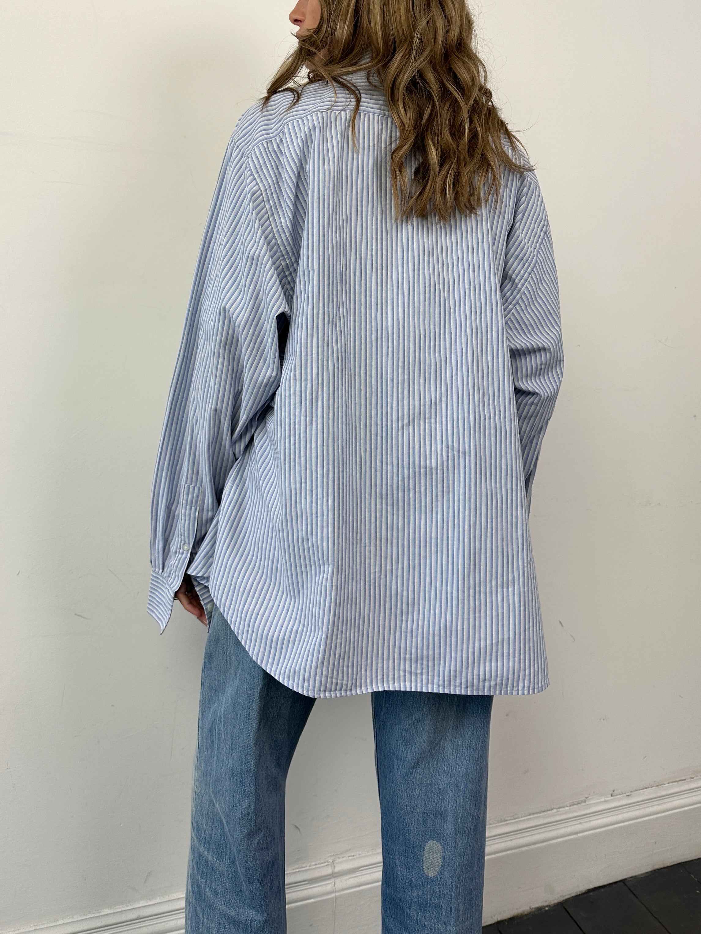 Yves Saint Laurent Pour Homme cotton pinstripe logo shirt in XXL, showcasing classic pinstripe fabric and YSL branding.