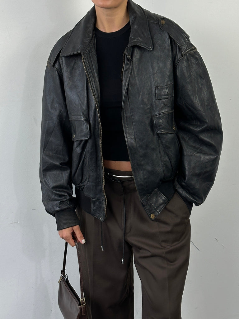 Italian Vintage Removable Fleece Lining Leather Bomber Jacket - L - SYLK