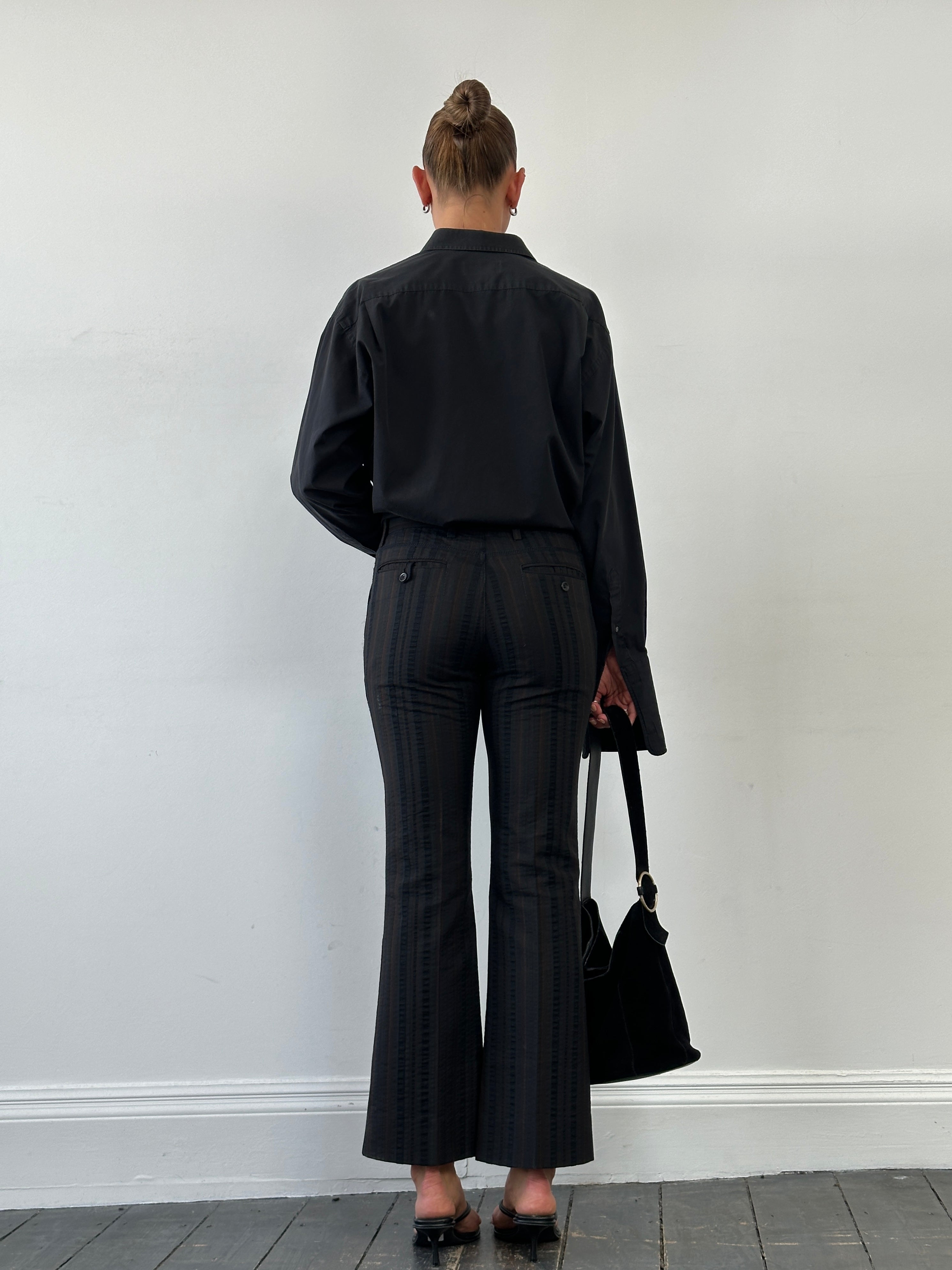 Roberto Cavalli Just Cavalli striped mid-rise flared trousers in black and white with belt loops, size W28.