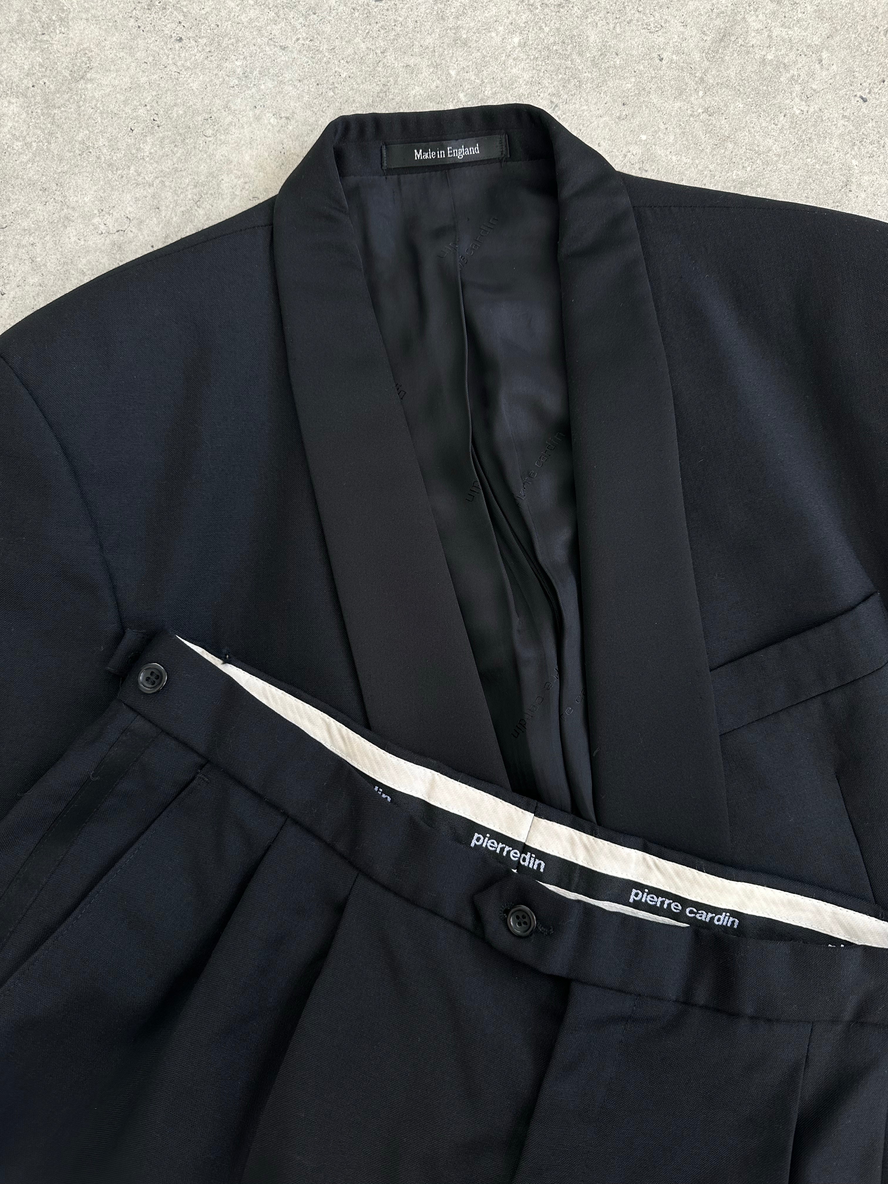 Pierre Cardin 1980s pure wool tuxedo suit with shawl lapel, size 42L/W34, featuring a classic black tailored fit.