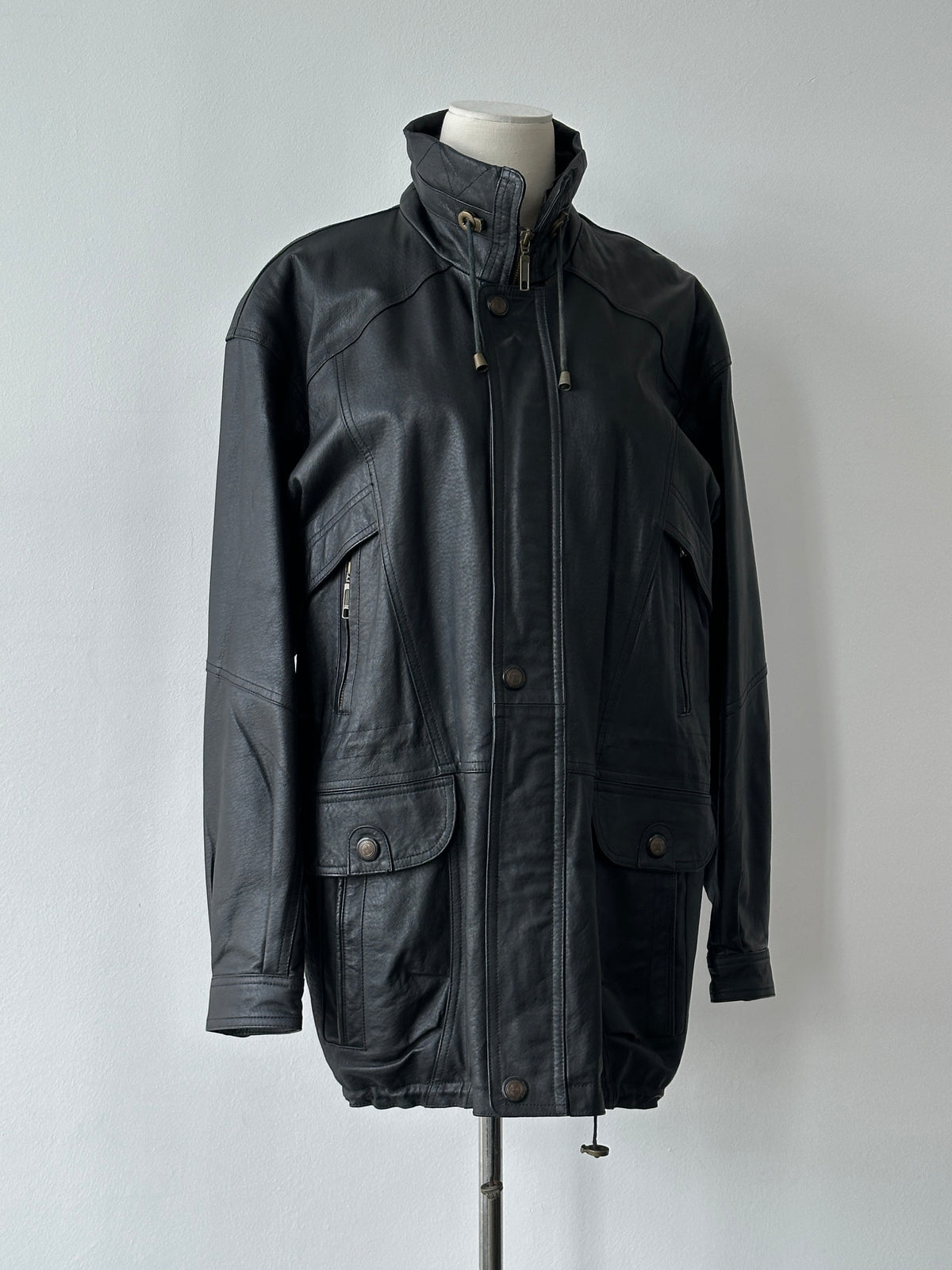 Vintage 1990s High Neck Mid Length Leather Jacket - L