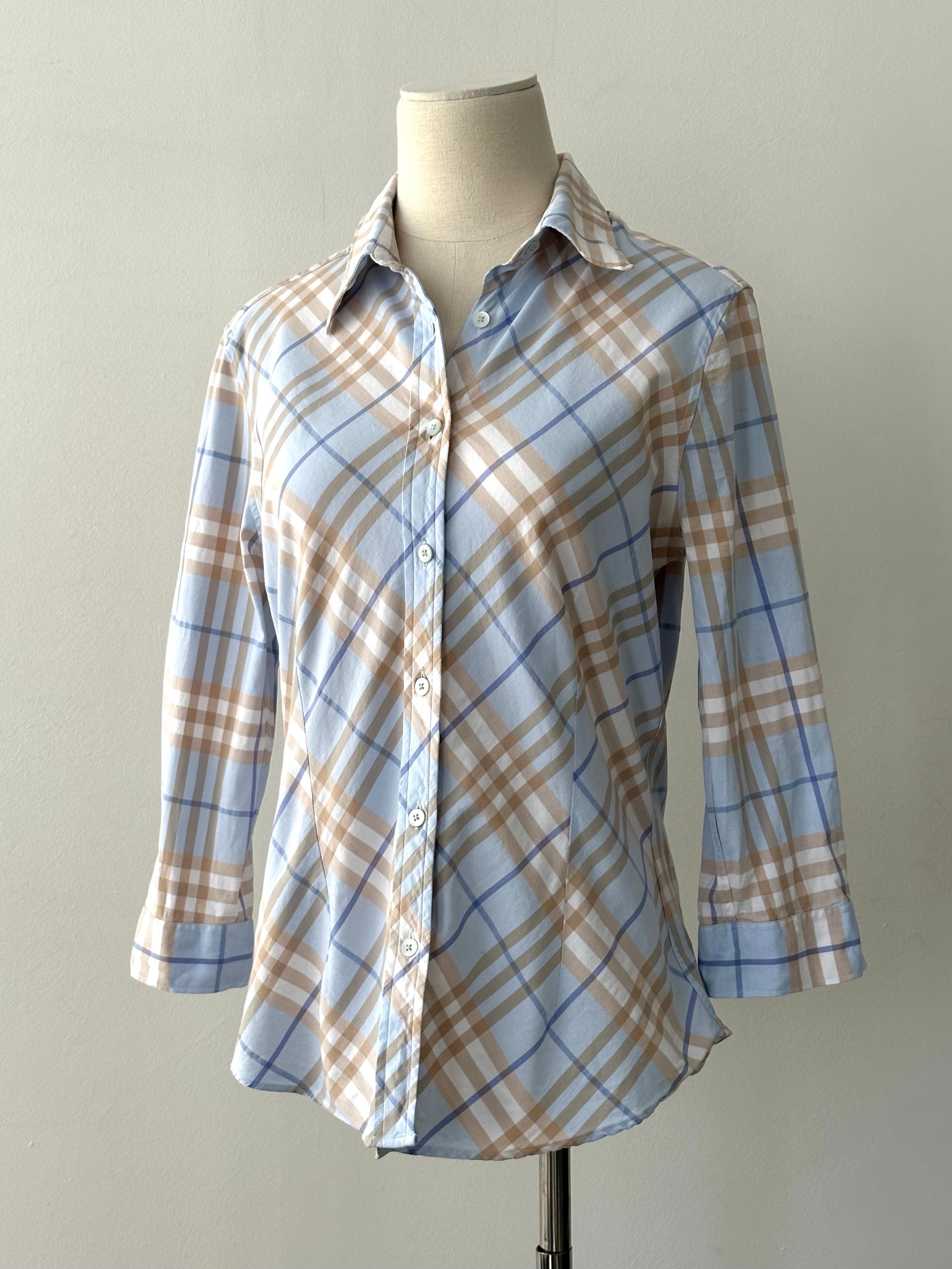 Burberry London 2000s cotton check shirt in size S, featuring classic plaid pattern and button front, worn on a model.