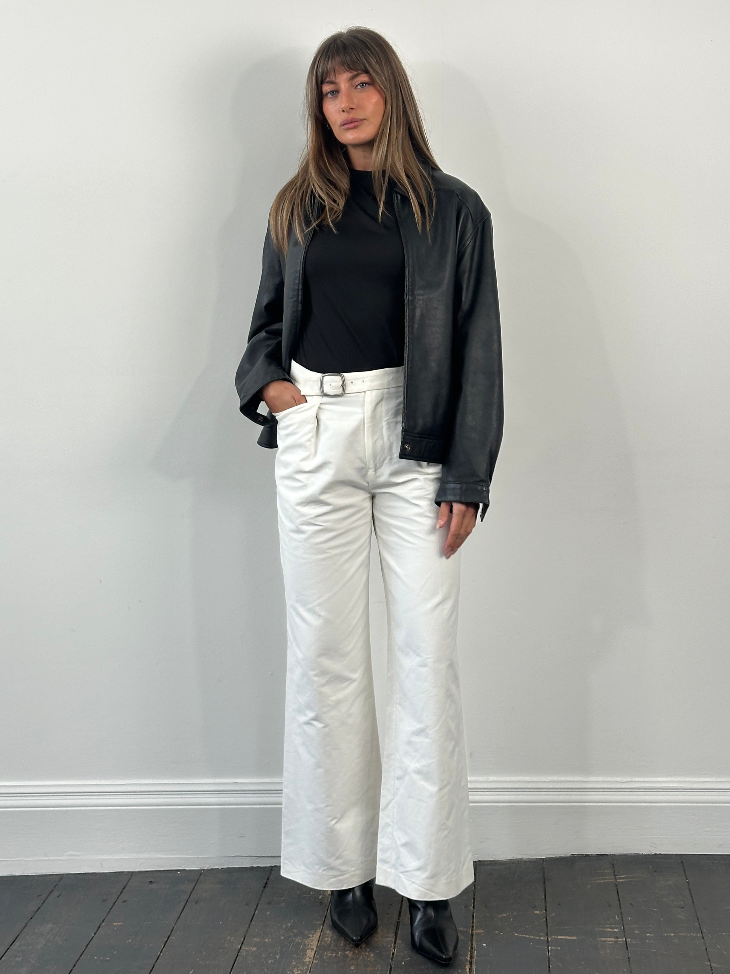 Jil Sander AW23 pure cotton wide-leg trousers in size W28, shown in natural fabric with a relaxed fit and tailored style.
