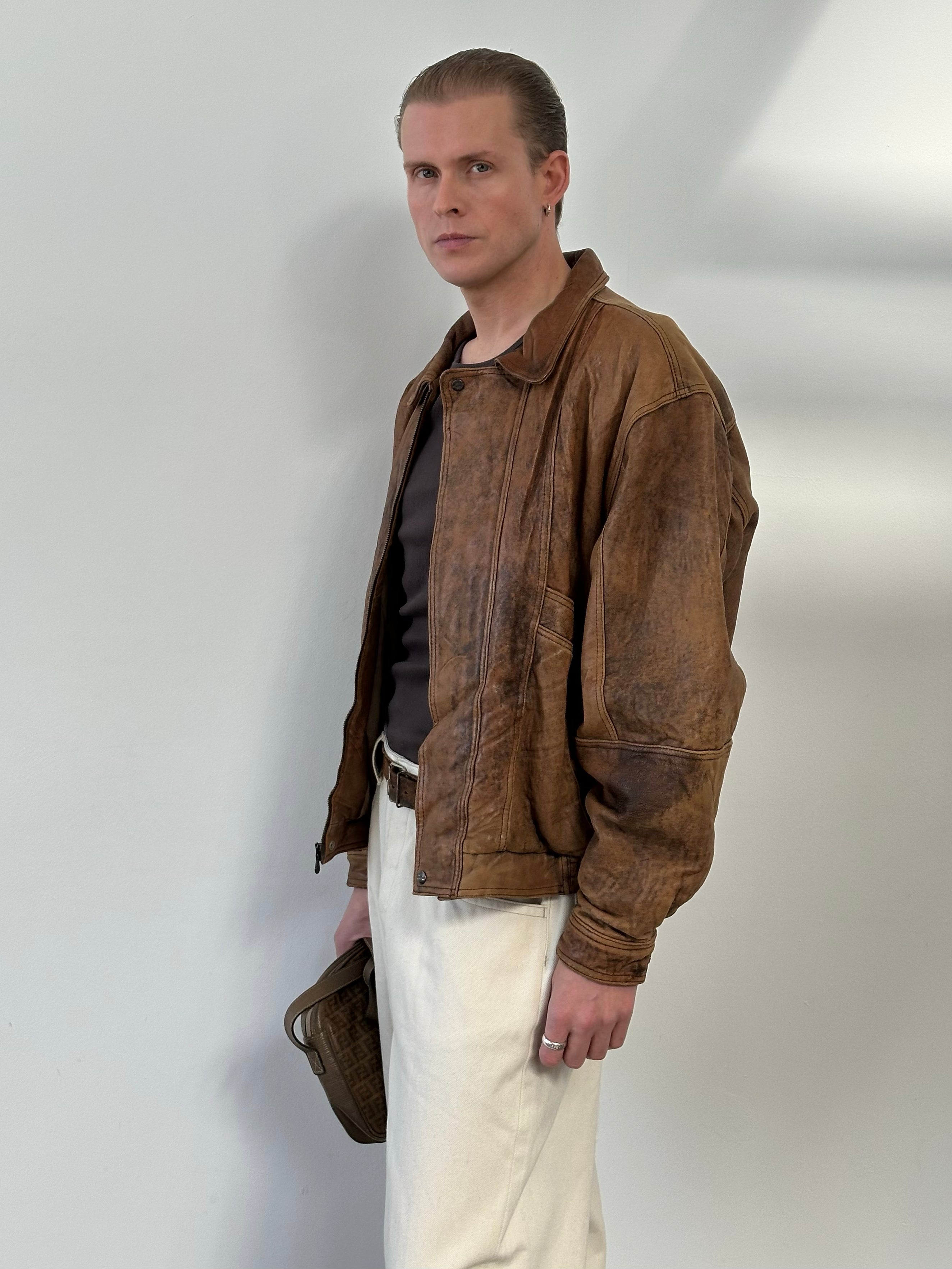 Vintage 1990s Aged Leather Bomber Jacket - XL