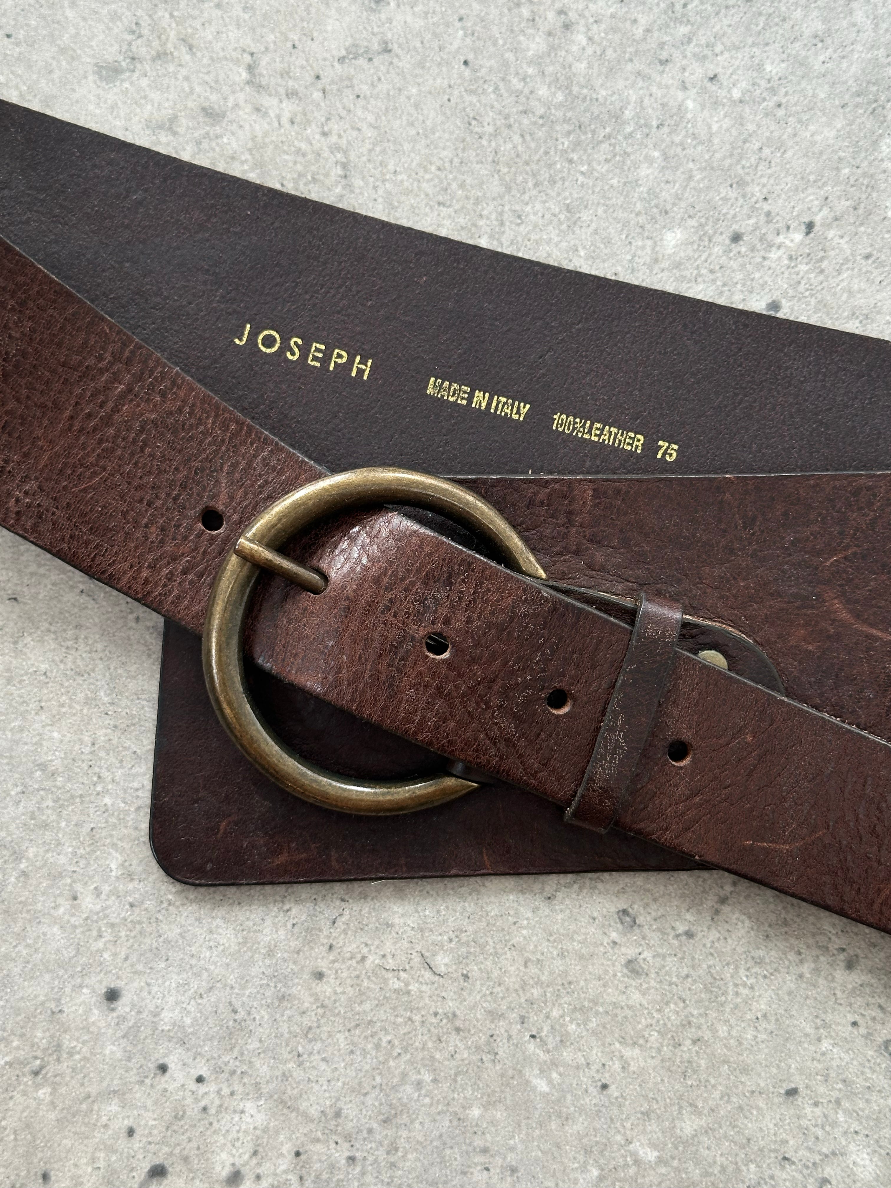 Joseph 1990s leather chunky belt with wide strap and metal buckle, in dark brown leather for vintage-inspired style.