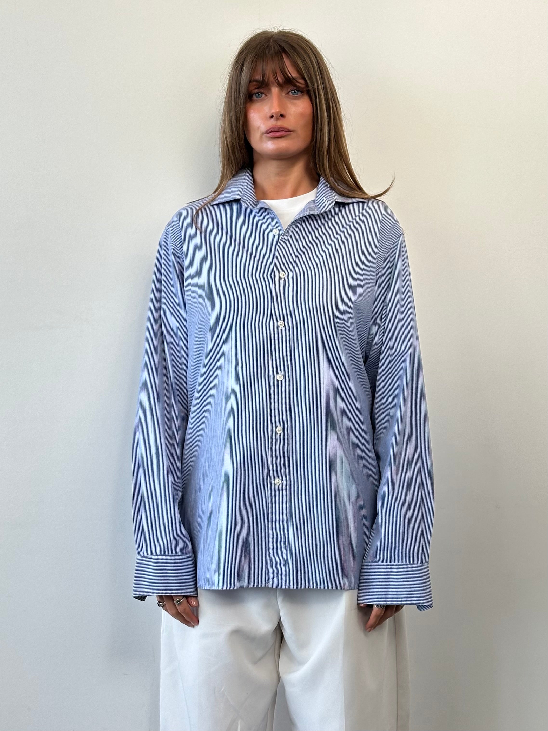 Ralph Lauren pure cotton striped shirt with embroidery logo, in size L/XL, showcasing classic design and button-front style.
