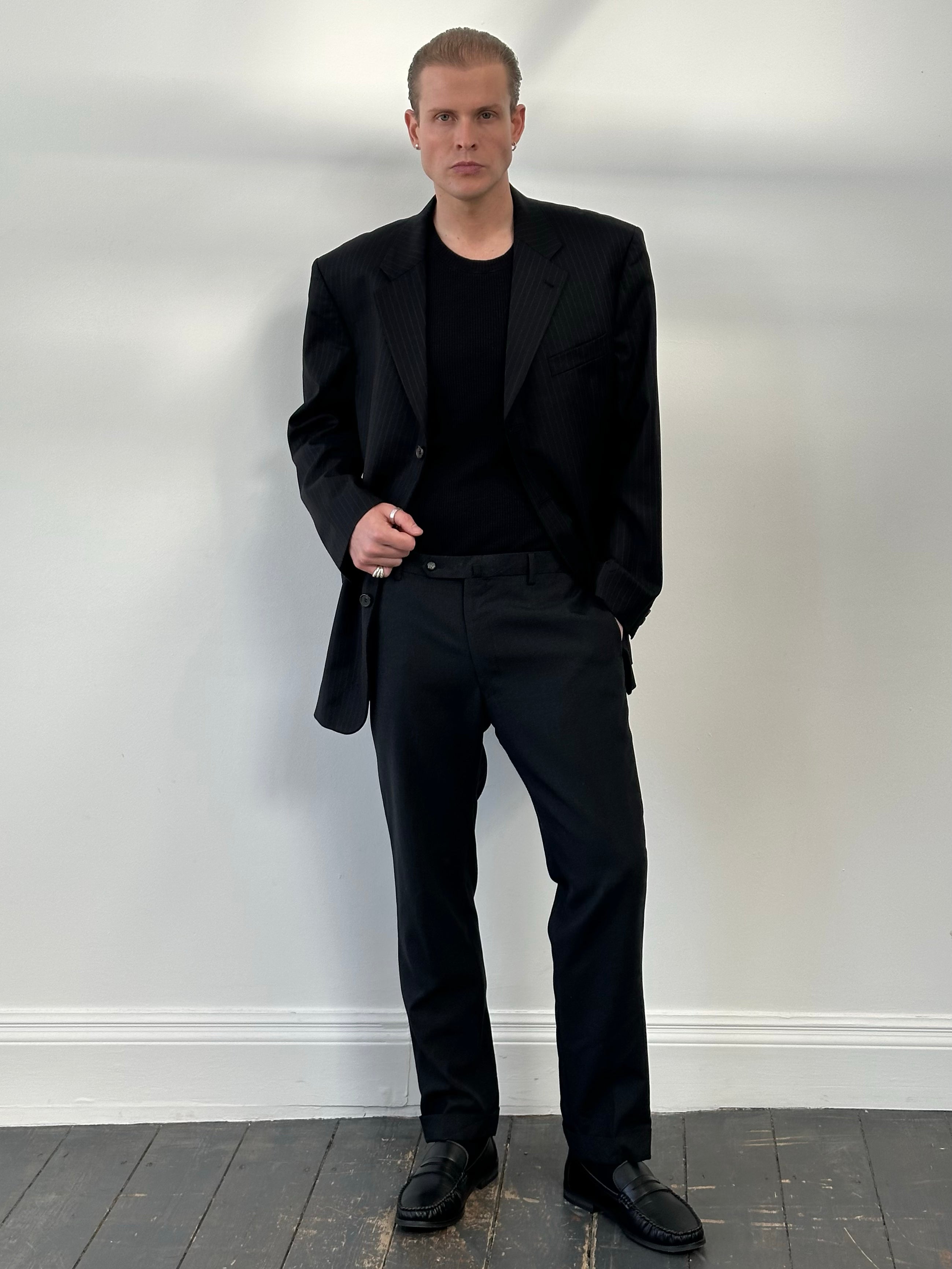 Japanese vintage 2000s pure wool straight leg trousers in size W34, showcasing classic design and neutral color.